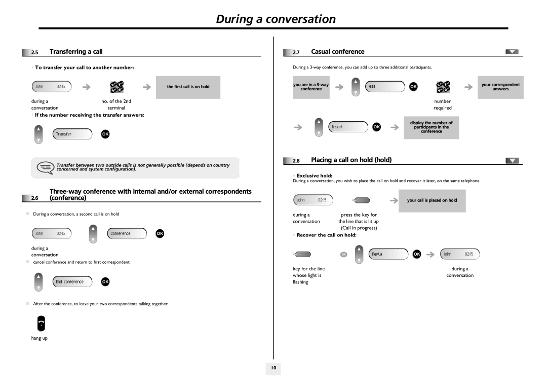 Arkon 4018 manual During a conversation, Conference, Casual conference, Placing a call on hold hold 