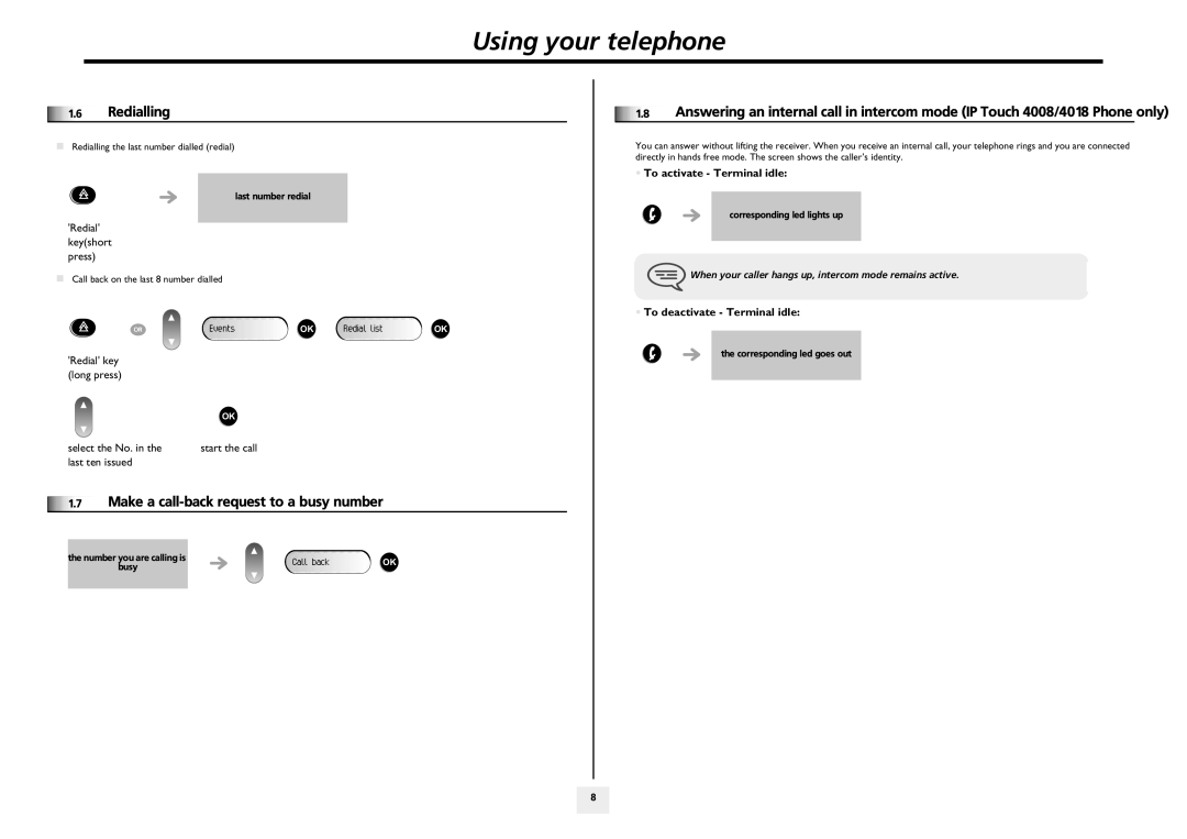 Arkon 4018 manual Using your telephone, Redialling, Make a call-back request to a busy number, To activate Terminal idle 