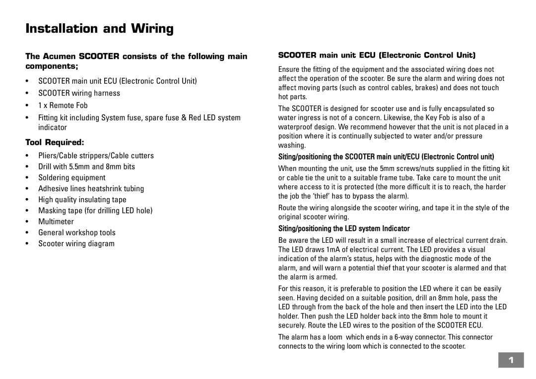 Arkon 51020 manual Installation and Wiring, Acumen Scooter consists of the following main components, Tool Required 