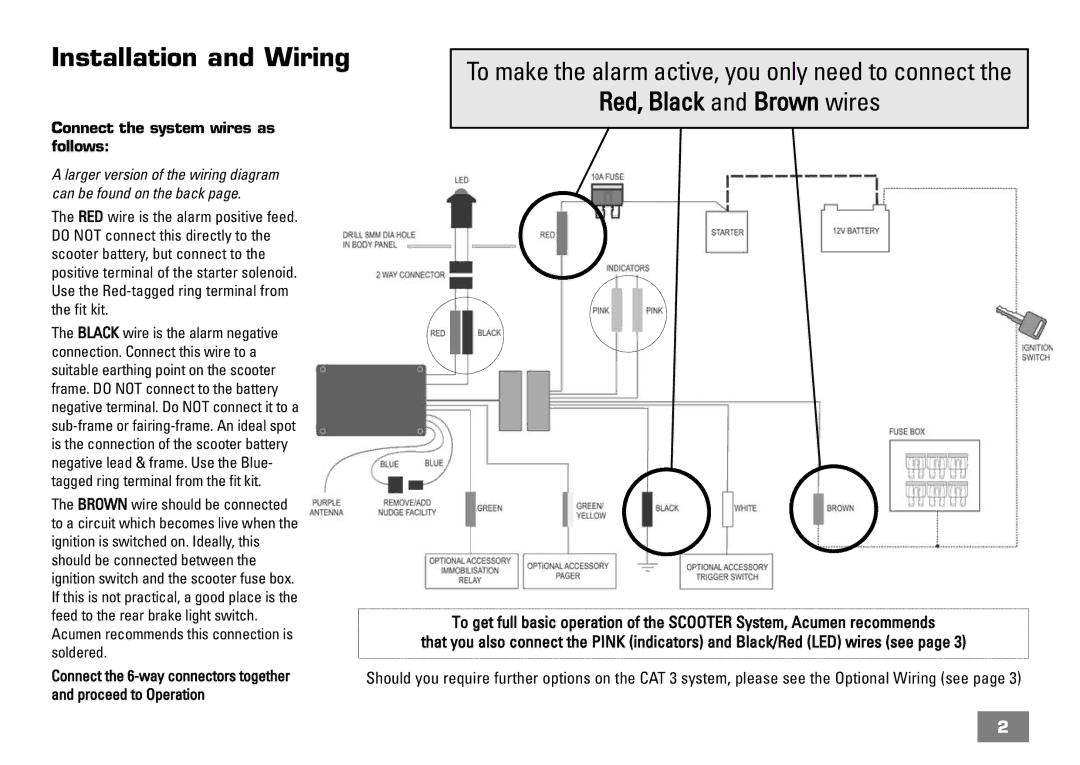 Arkon 51020 manual Red, Black and Brown wires, Connect the system wires as follows 