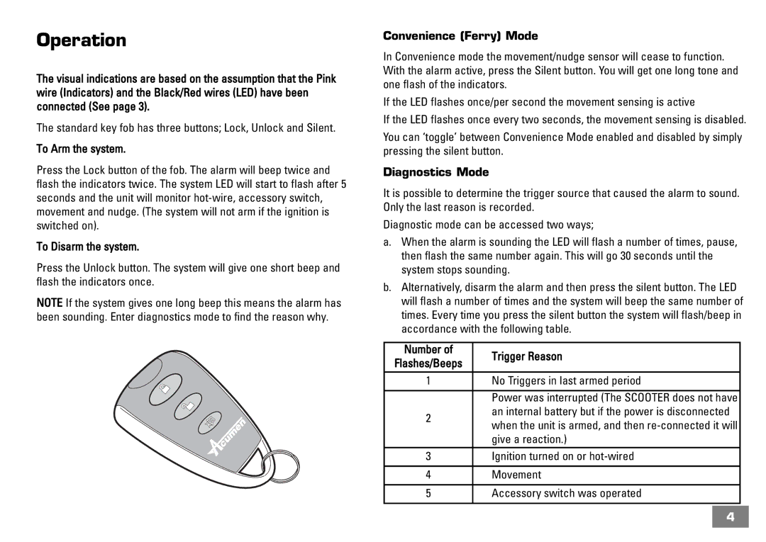 Arkon 51020 Operation, Convenience Ferry Mode, Diagnostics Mode, An internal battery but if the power is disconnected 