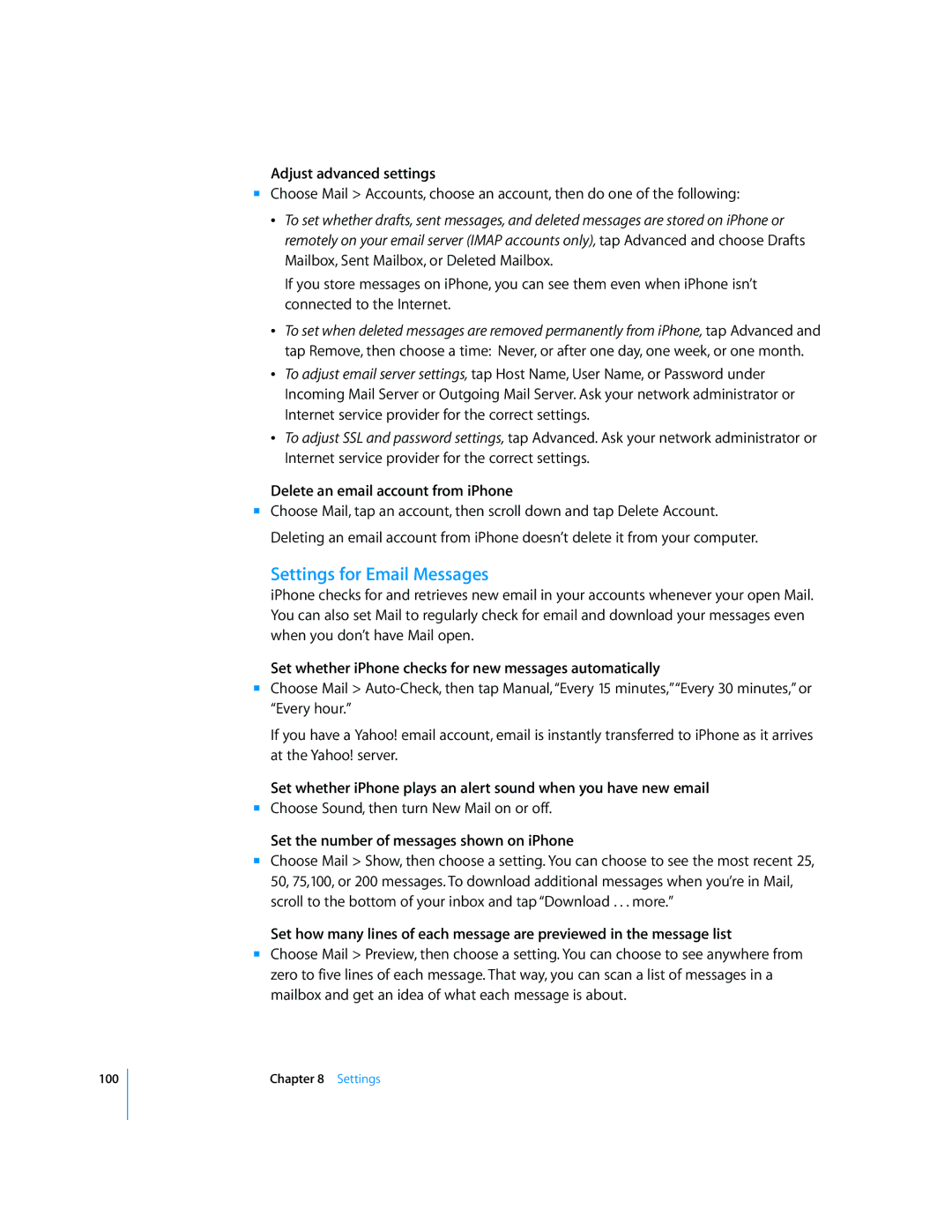 Arkon A1203 manual Settings for Email Messages, Adjust advanced settings, Delete an email account from iPhone 