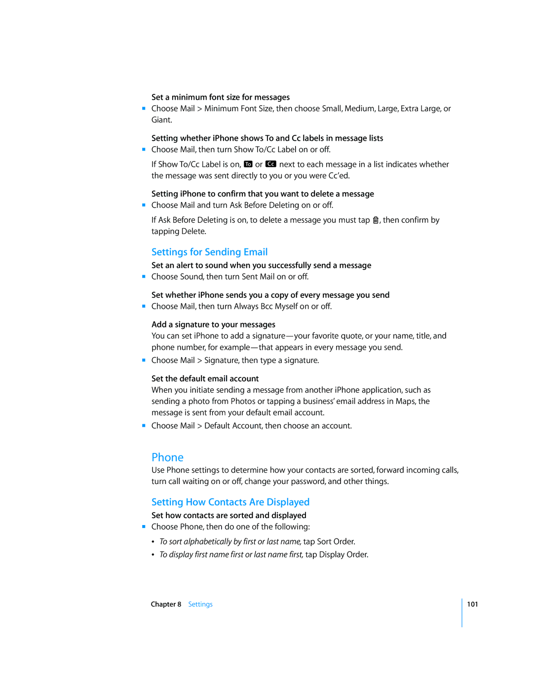 Arkon A1203 manual Phone, Settings for Sending Email, Setting How Contacts Are Displayed 