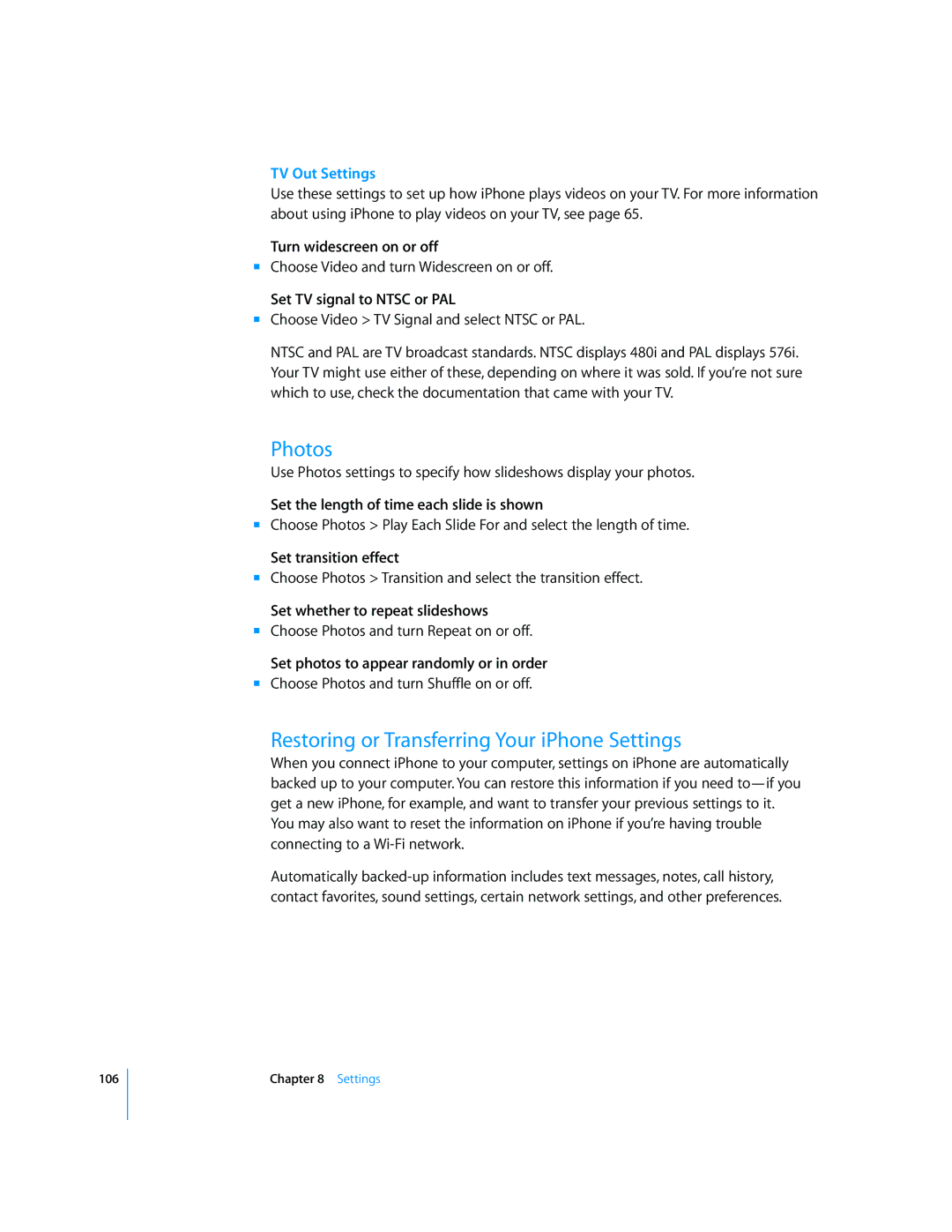 Arkon A1203 manual Photos, Restoring or Transferring Your iPhone Settings, TV Out Settings 