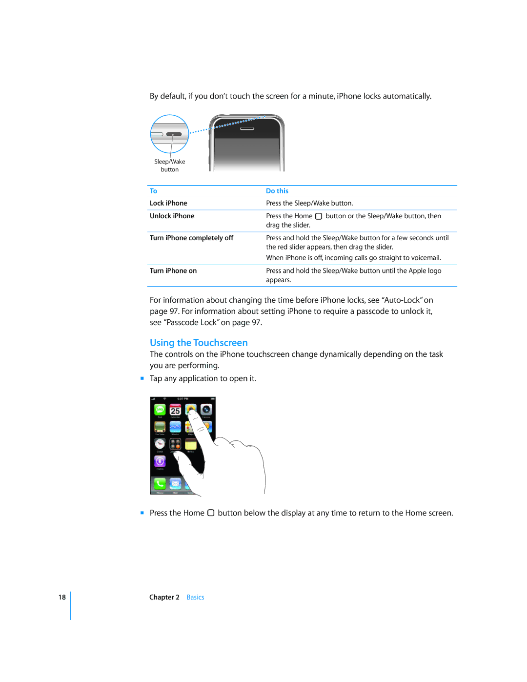 Arkon A1203 manual Using the Touchscreen, Lock iPhone, Unlock iPhone, Turn iPhone completely off, Turn iPhone on 