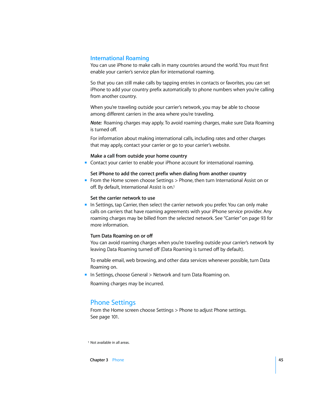 Arkon A1203 Phone Settings, International Roaming, Make a call from outside your home country, Turn Data Roaming on or off 