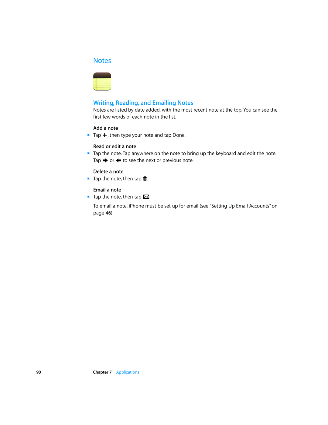 Arkon A1203 manual Writing, Reading, and Emailing Notes, Add a note, Read or edit a note, Delete a note, Email a note 