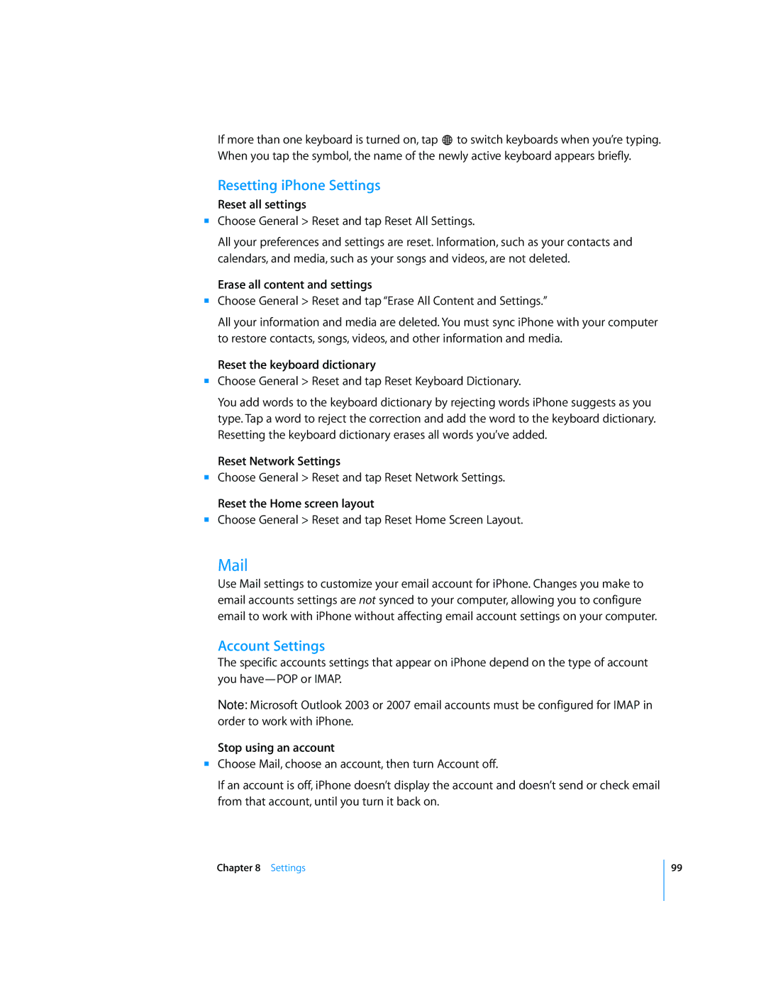 Arkon A1203 manual Mail, Resetting iPhone Settings, Account Settings 