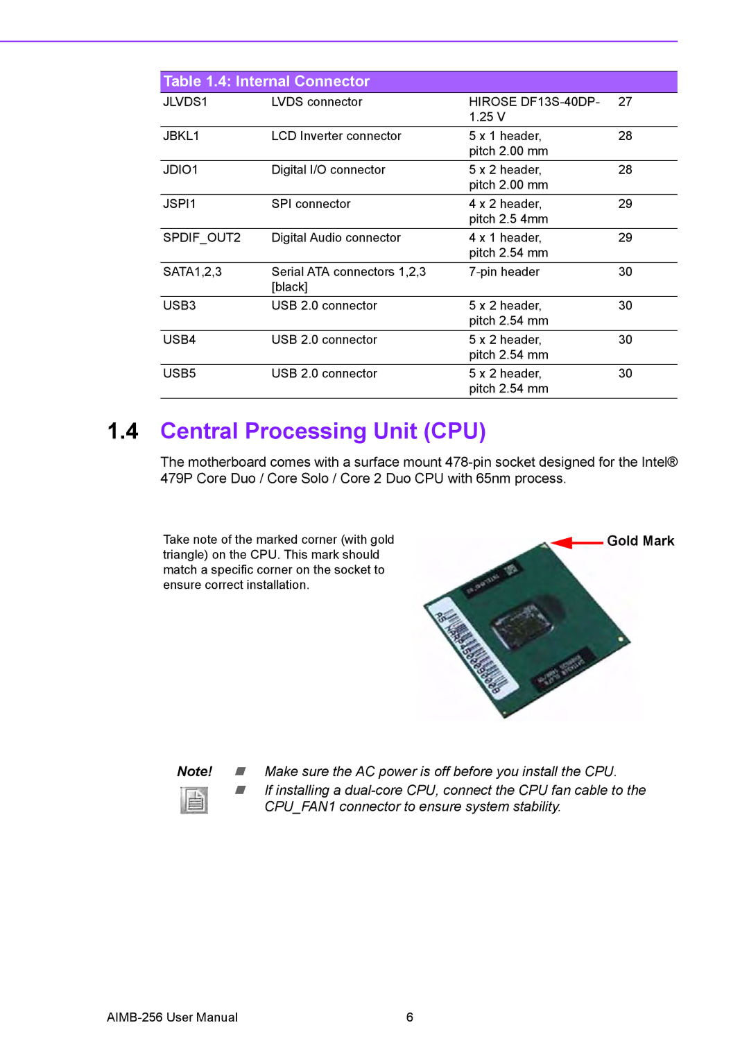 Arkon AIMB-256 user manual Central Processing Unit CPU, SPDIFOUT2 