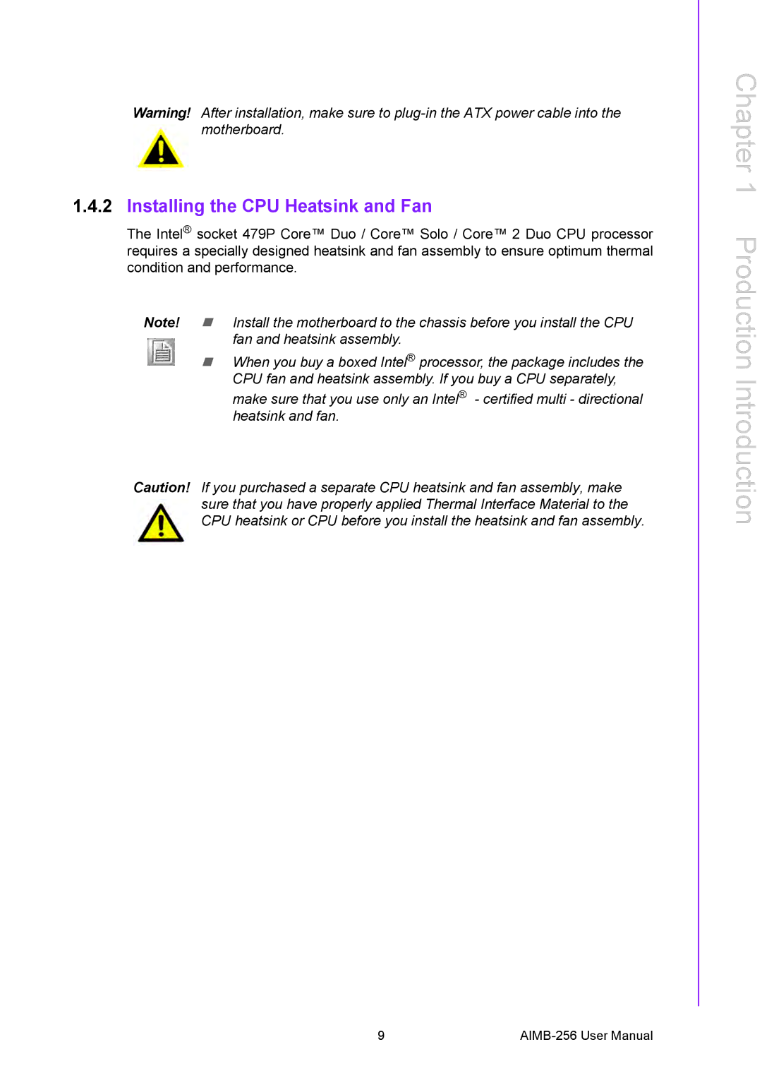 Arkon AIMB-256 user manual Installing the CPU Heatsink and Fan 