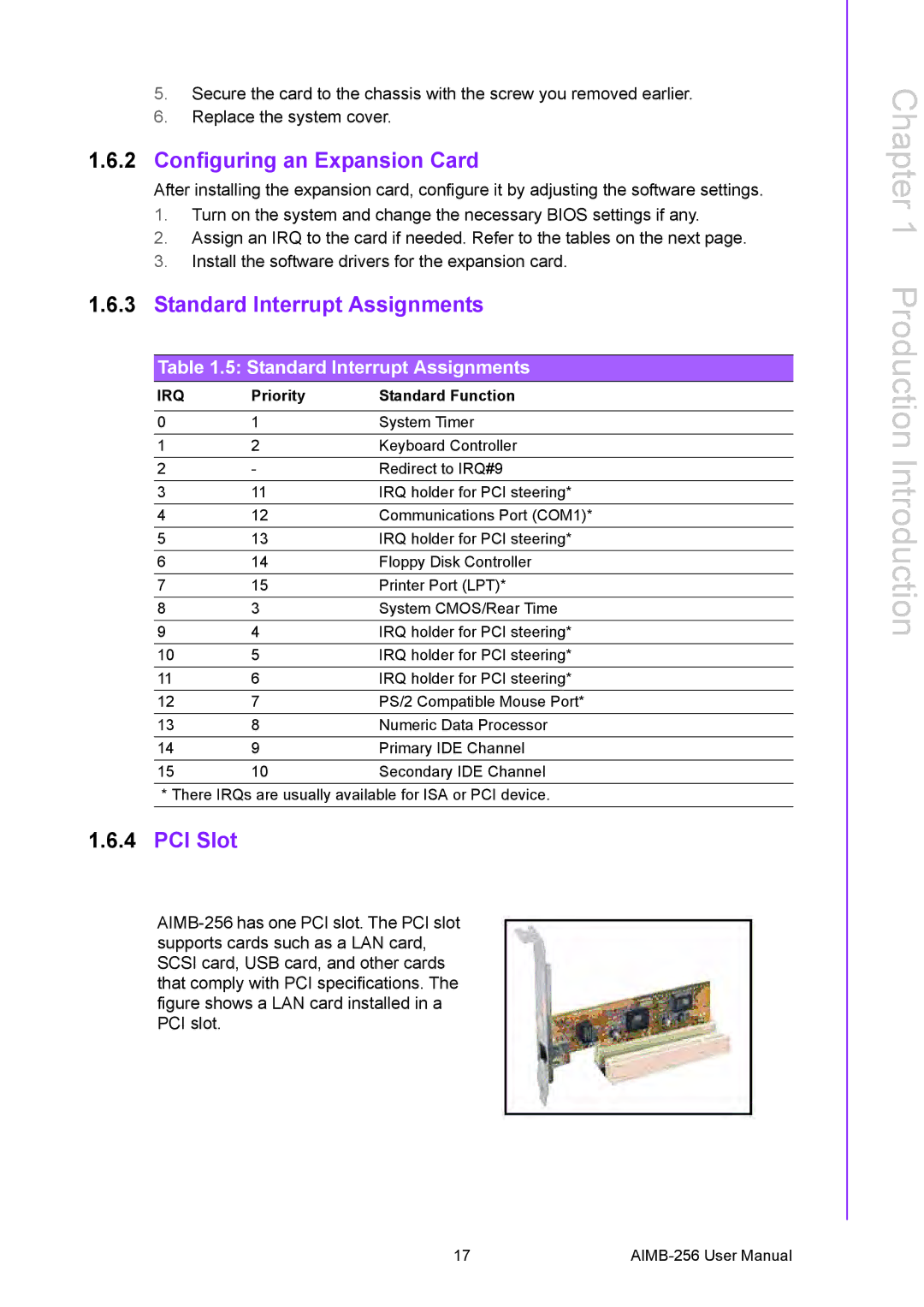 Arkon AIMB-256 user manual Configuring an Expansion Card, Standard Interrupt Assignments, PCI Slot 