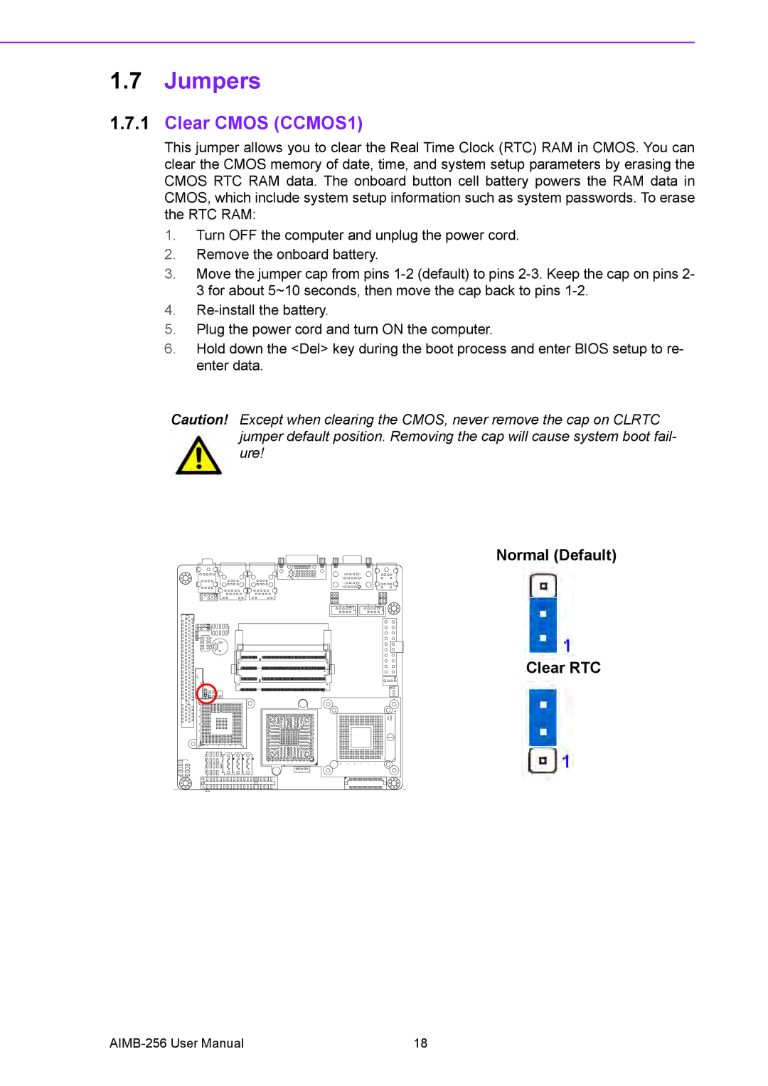 Arkon AIMB-256 user manual Jumpers, Clear Cmos CCMOS1 