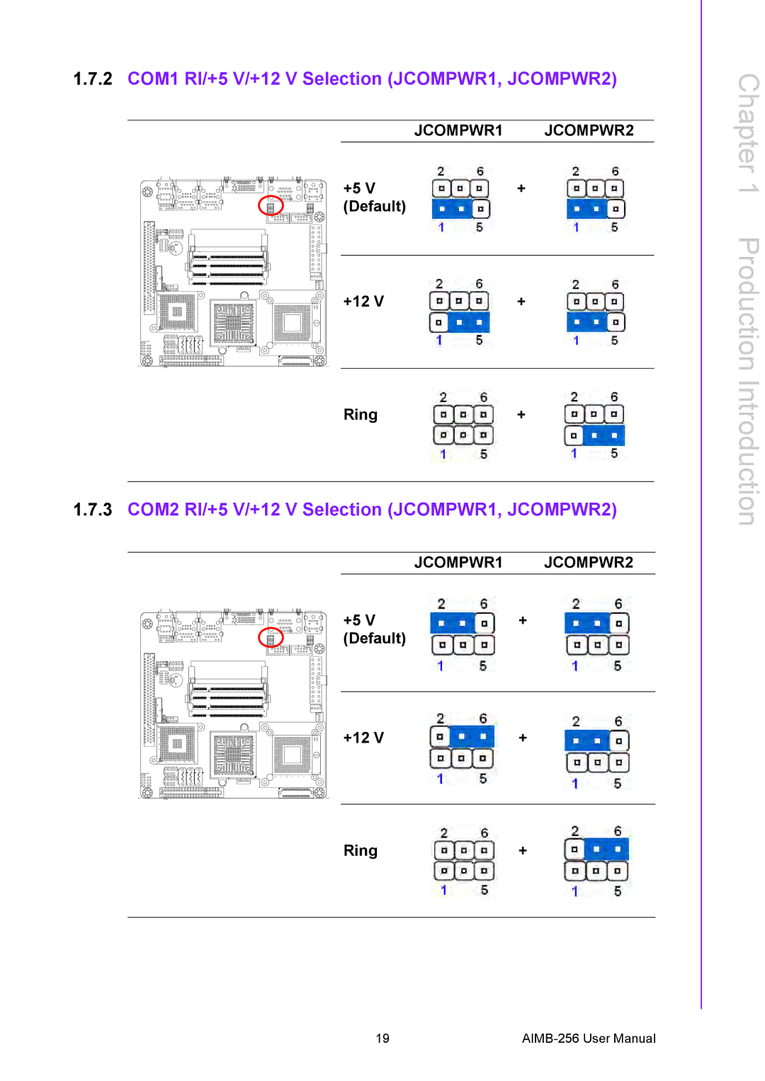 Arkon AIMB-256 2 COM1 RI/+5 V/+12 V Selection JCOMPWR1, JCOMPWR2, 3 COM2 RI/+5 V/+12 V Selection JCOMPWR1, JCOMPWR2 