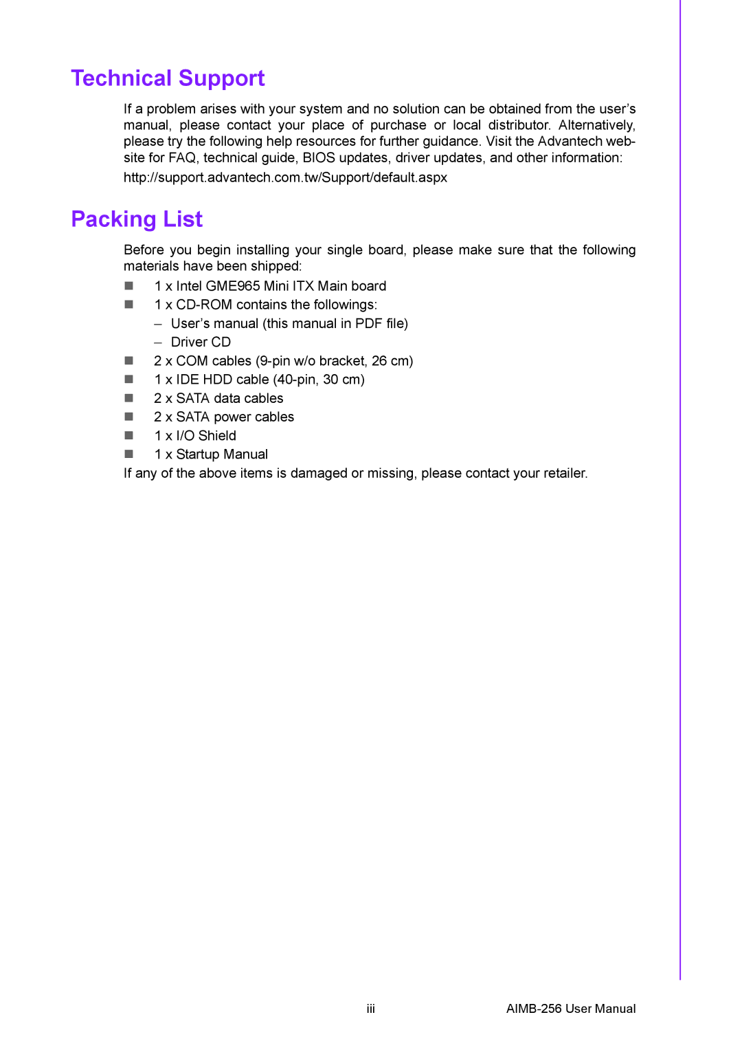 Arkon AIMB-256 user manual Technical Support, Packing List 