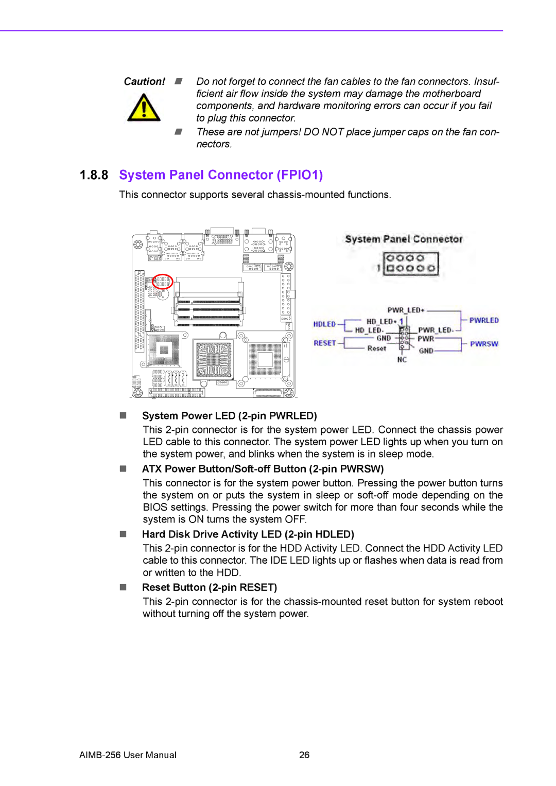 Arkon AIMB-256 user manual System Panel Connector FPIO1, System Power LED 2-pin Pwrled 