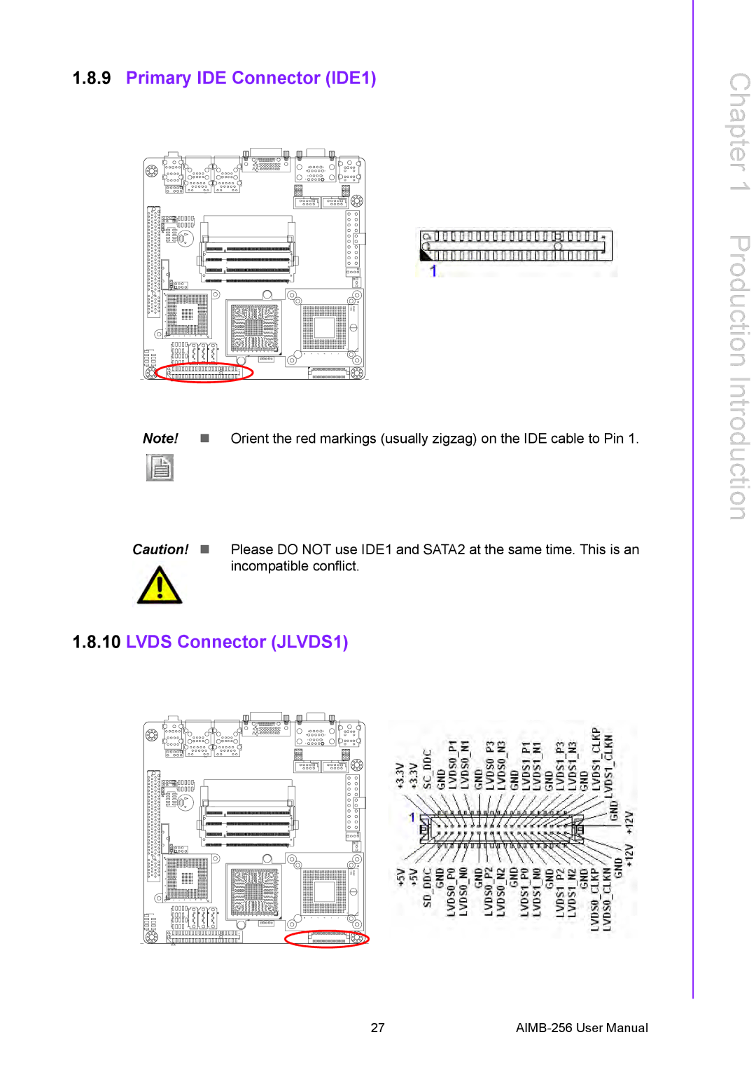 Arkon AIMB-256 user manual Primary IDE Connector IDE1 Lvds Connector JLVDS1 