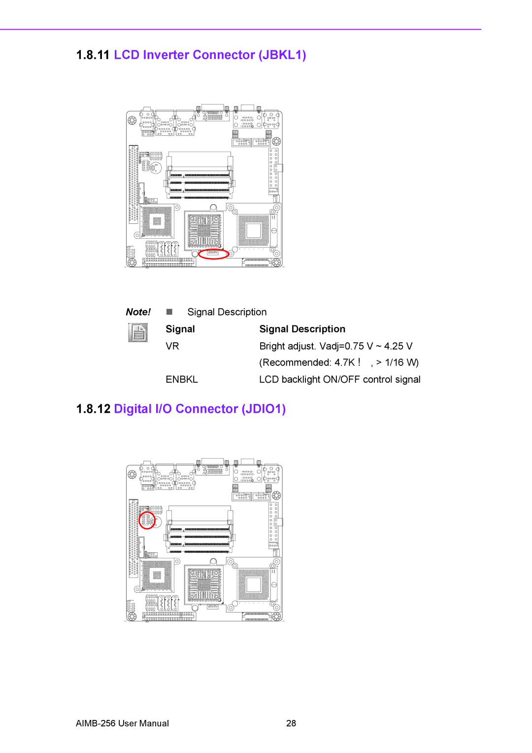 Arkon AIMB-256 user manual LCD Inverter Connector JBKL1, Digital I/O Connector JDIO1 