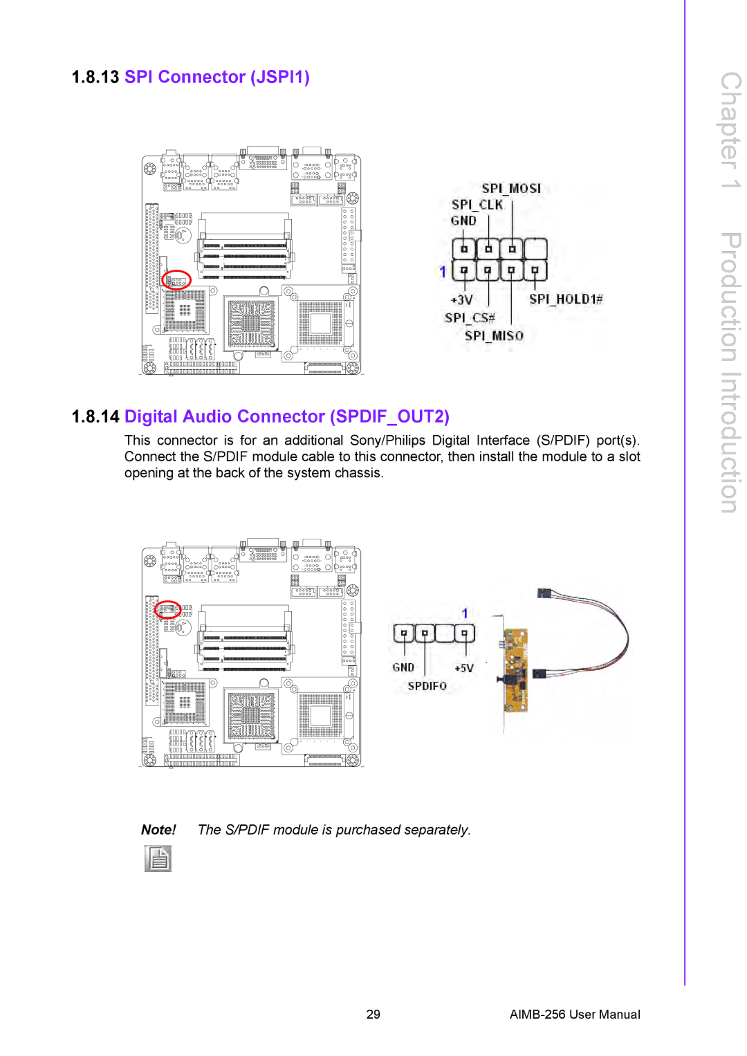 Arkon AIMB-256 user manual SPI Connector JSPI1 Digital Audio Connector SPDIFOUT2 