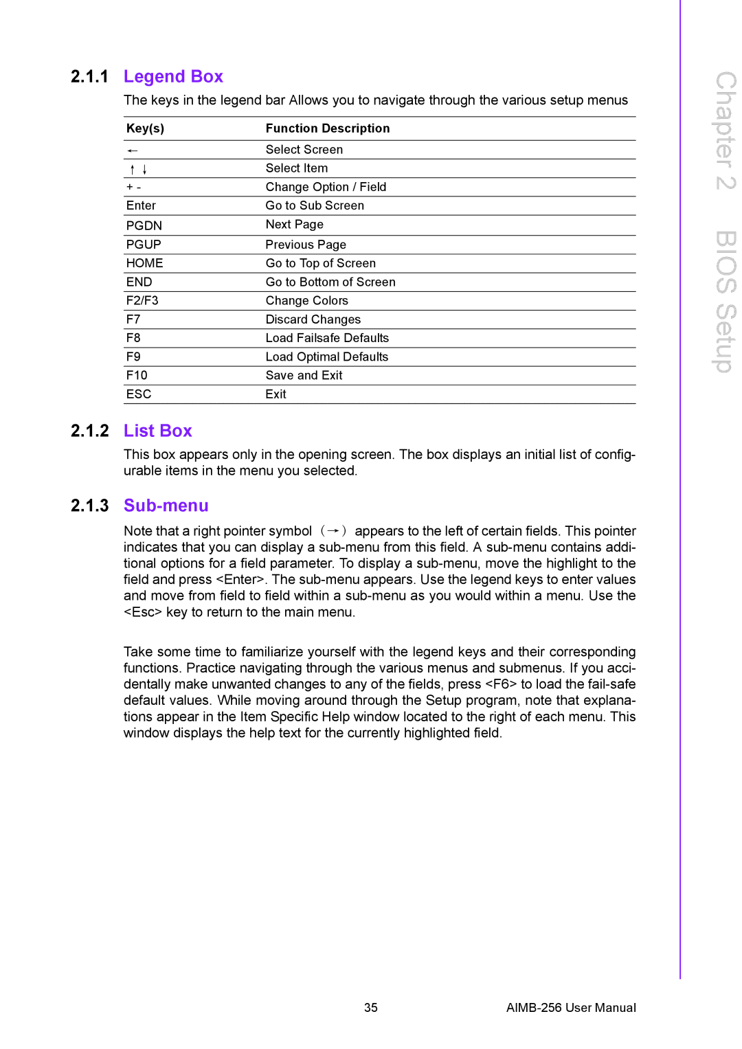 Arkon AIMB-256 user manual List Box, Sub-menu 