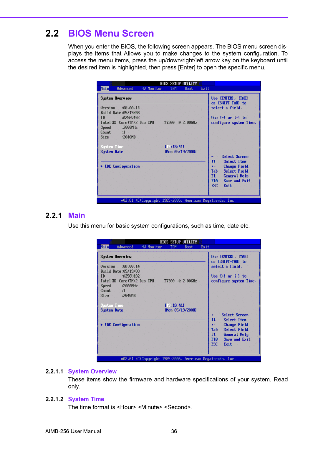 Arkon AIMB-256 user manual Bios Menu Screen, Main, System Overview, System Time 