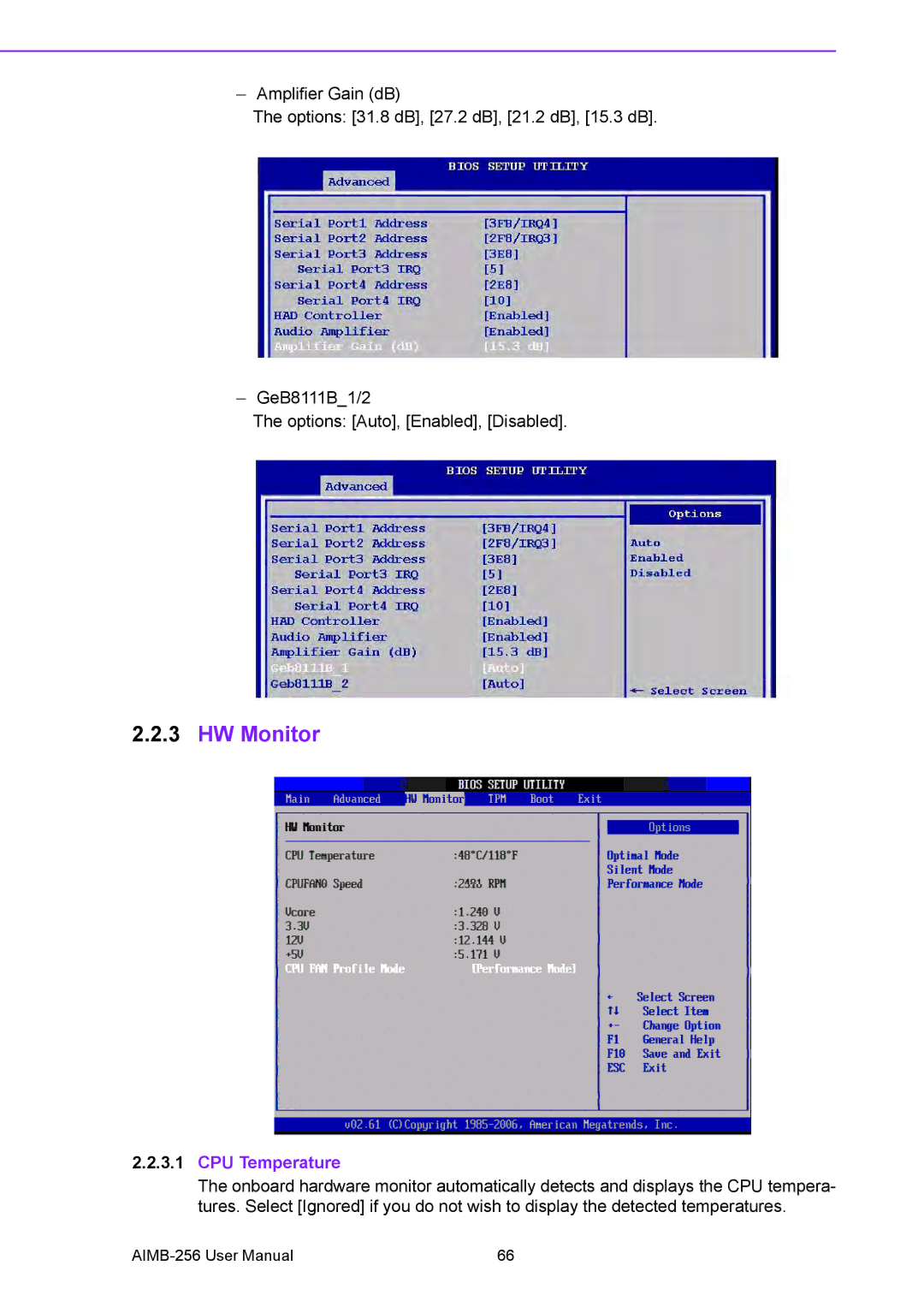 Arkon AIMB-256 user manual HW Monitor, CPU Temperature 