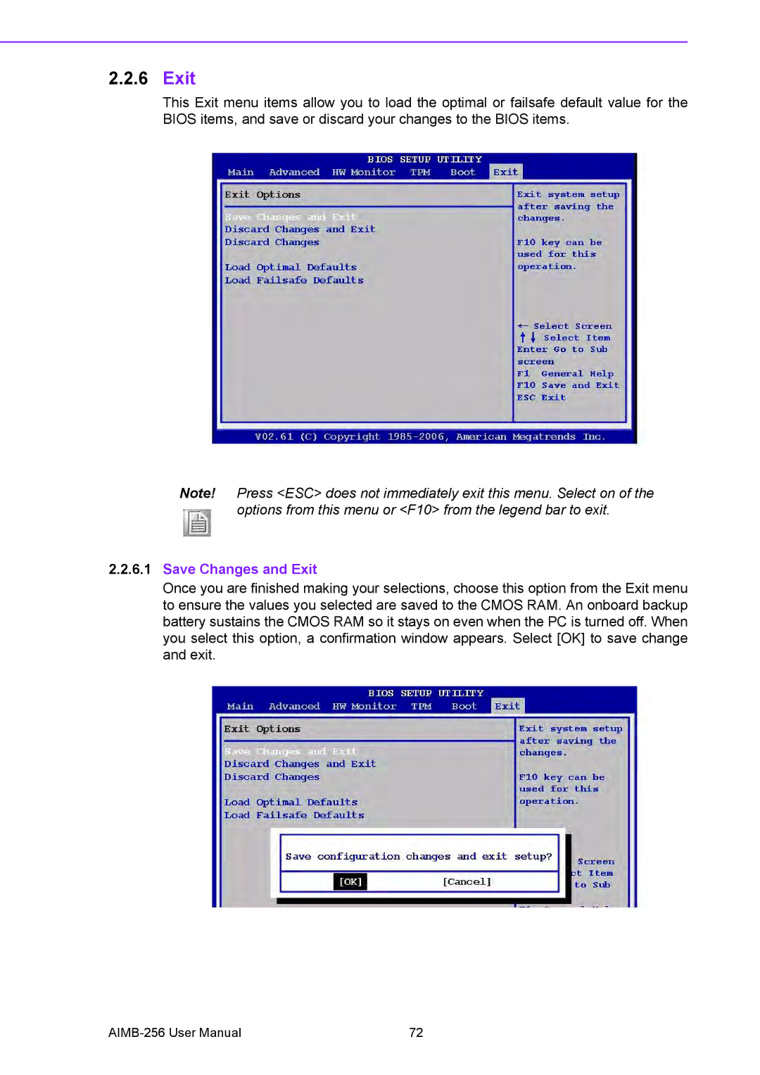 Arkon AIMB-256 user manual Save Changes and Exit 