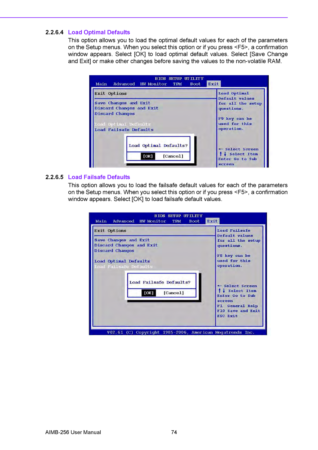 Arkon AIMB-256 user manual Load Optimal Defaults, Load Failsafe Defaults 