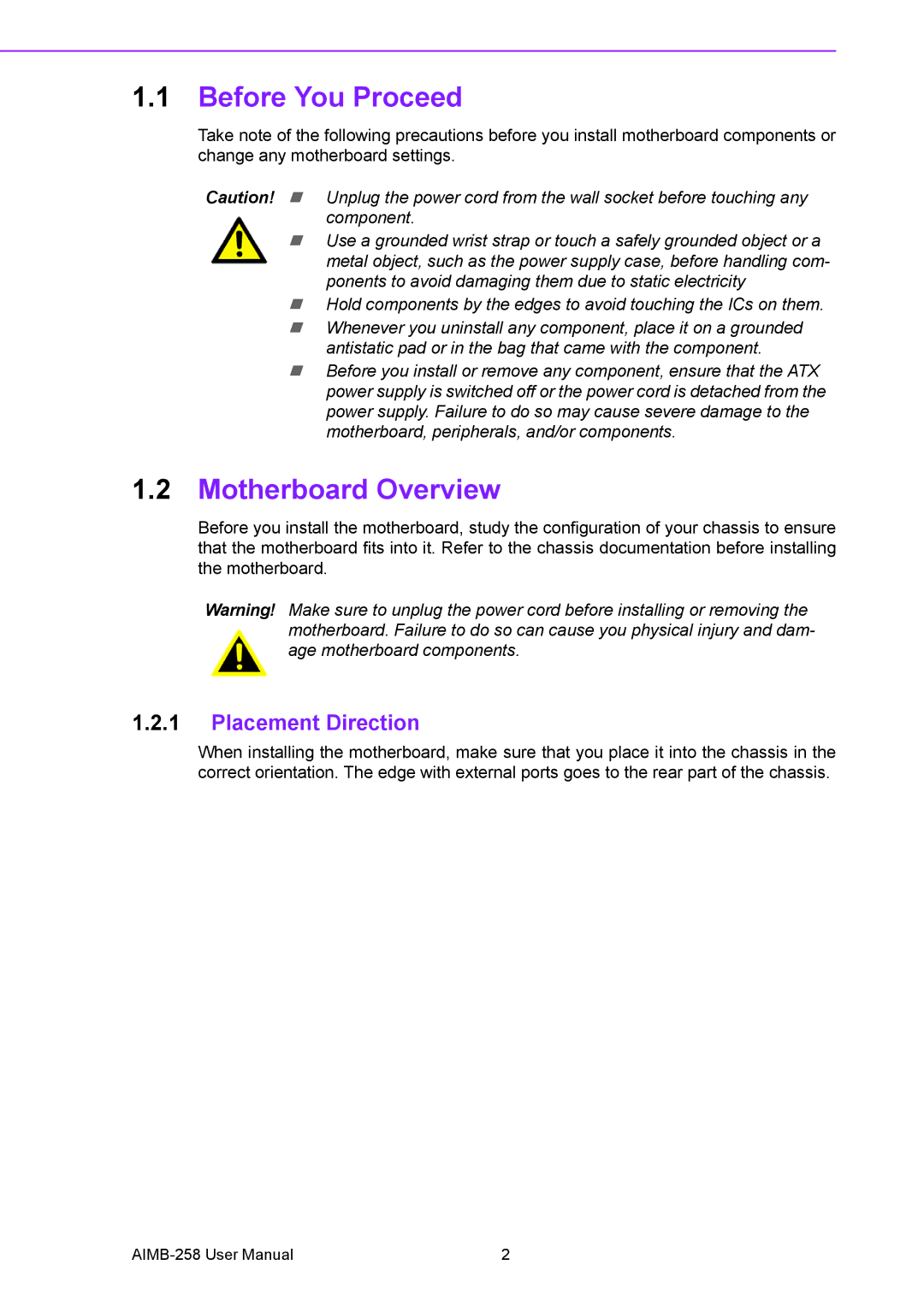 Arkon AIMB-258 user manual Before You Proceed, Motherboard Overview, Placement Direction 