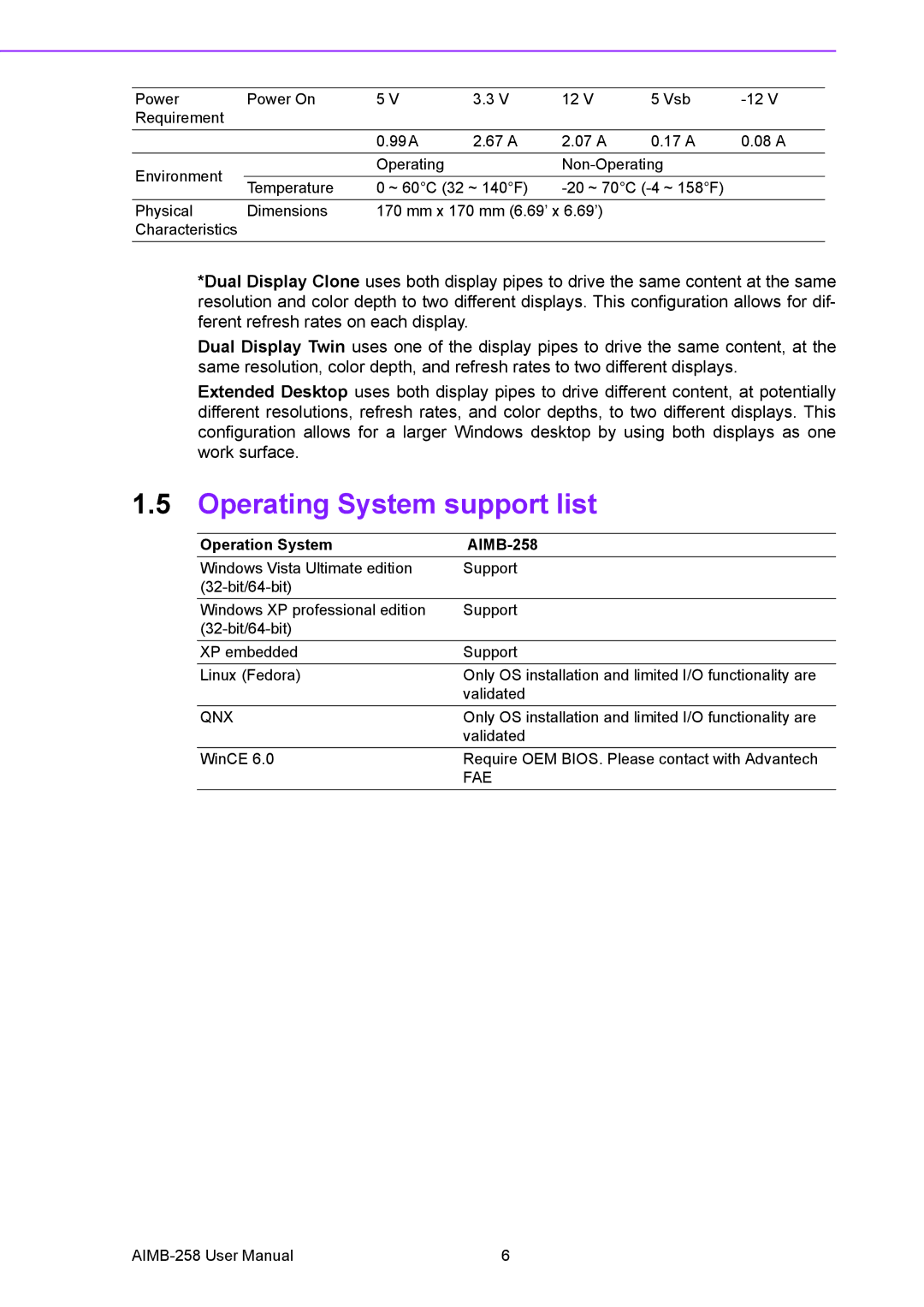 Arkon user manual Operating System support list, Operation System AIMB-258 