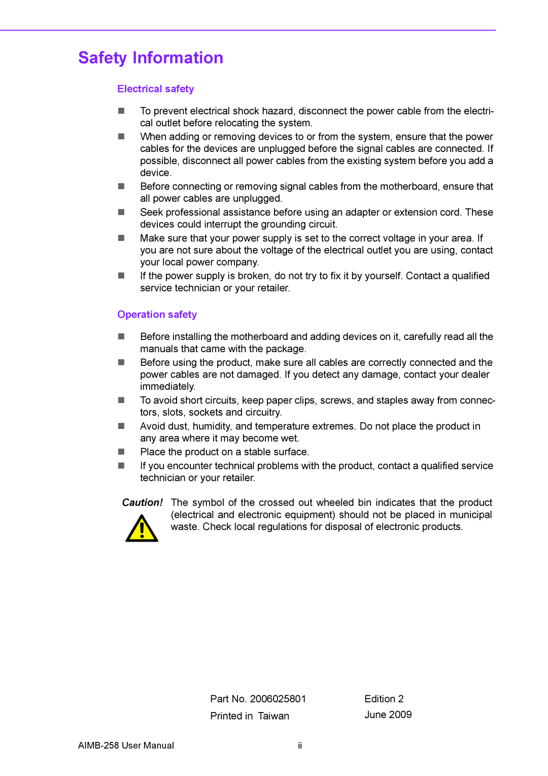 Arkon AIMB-258 user manual Safety Information, Electrical safety 