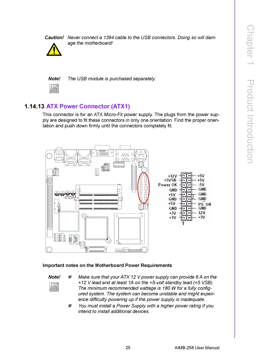 Arkon AIMB-258 user manual ATX Power Connector ATX1, Important notes on the Motherboard Power Requirements 