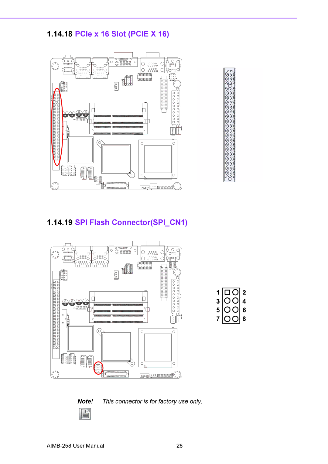 Arkon AIMB-258 user manual PCIe x 16 Slot Pcie X SPI Flash ConnectorSPICN1 