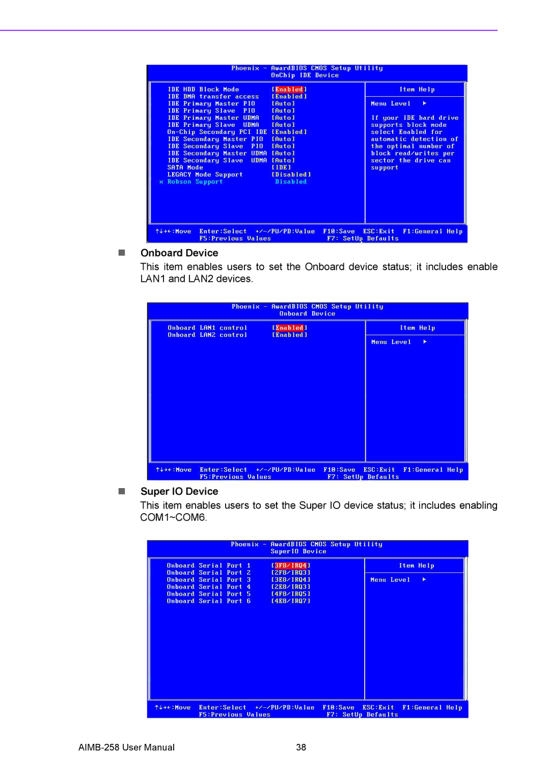 Arkon AIMB-258 user manual Onboard Device, Super IO Device 