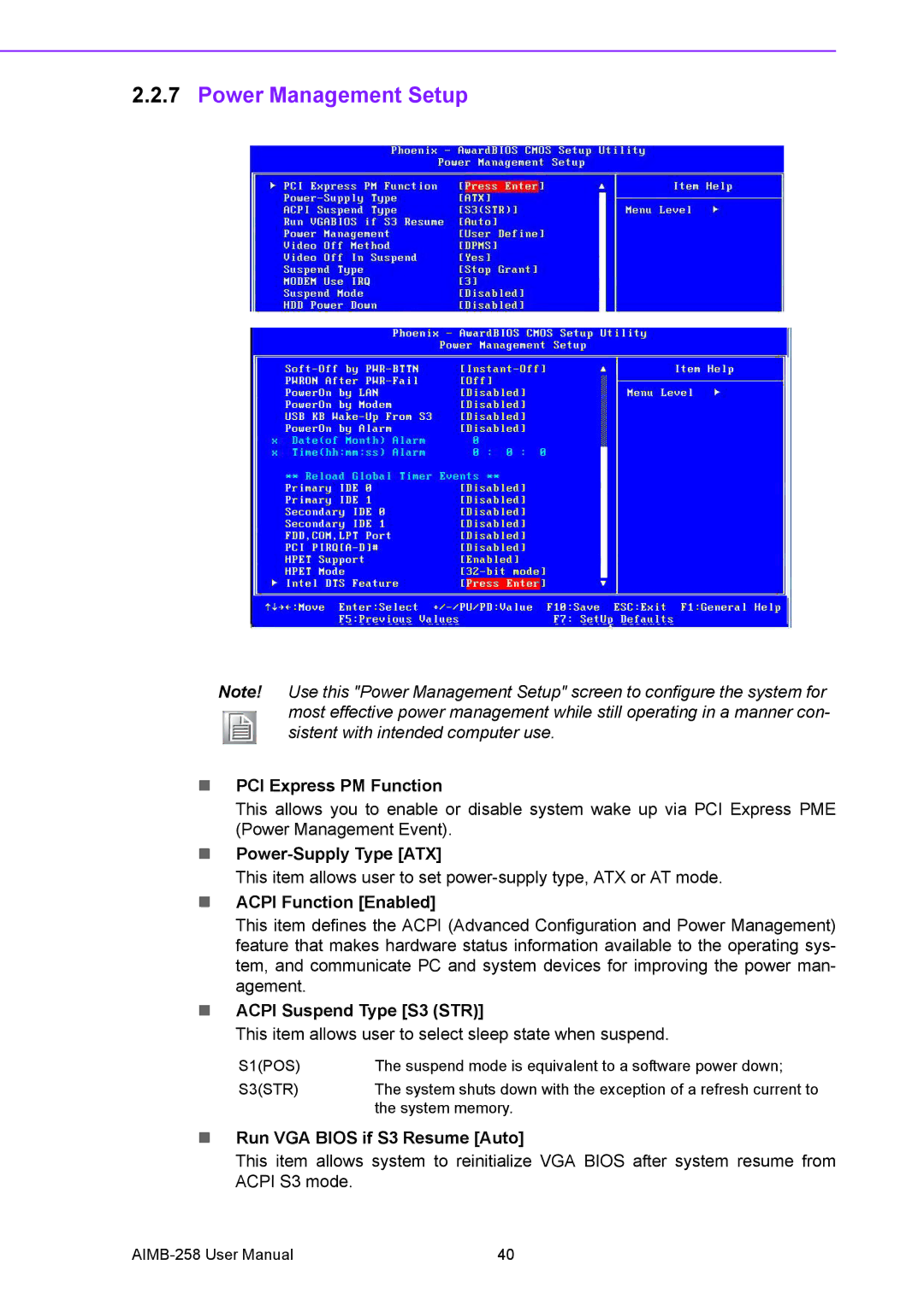 Arkon AIMB-258 user manual Power Management Setup 