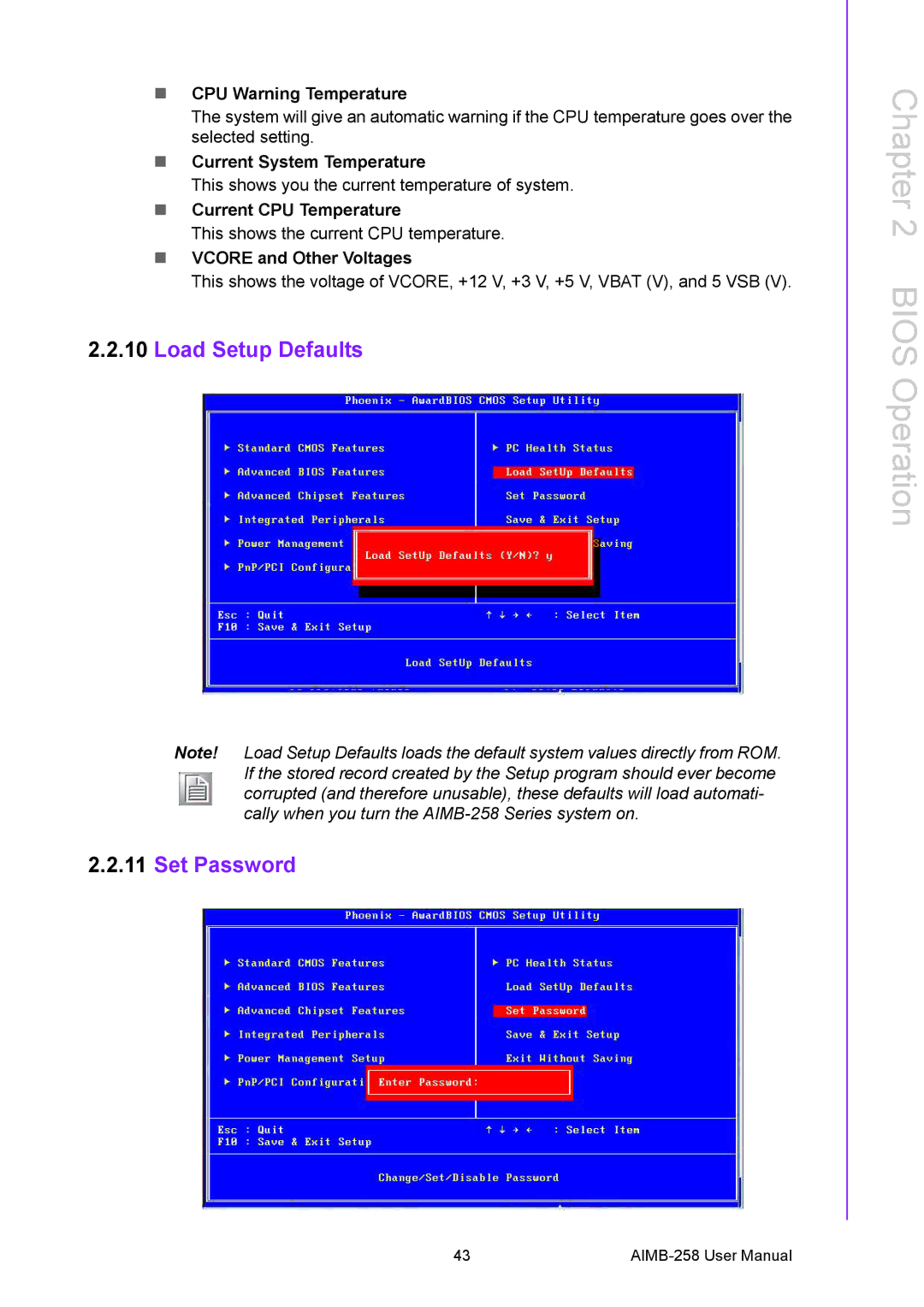 Arkon AIMB-258 user manual Load Setup Defaults Set Password, CPU Warning Temperature, Current System Temperature 