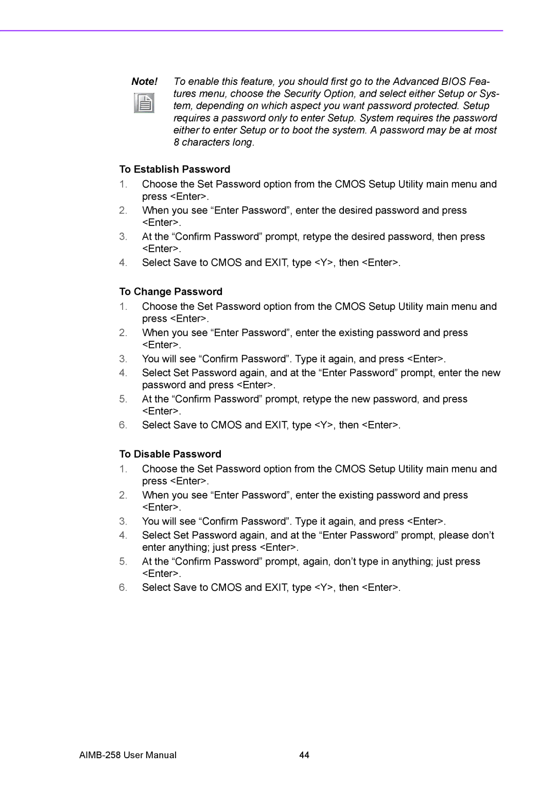 Arkon AIMB-258 user manual To Establish Password, To Change Password, To Disable Password 