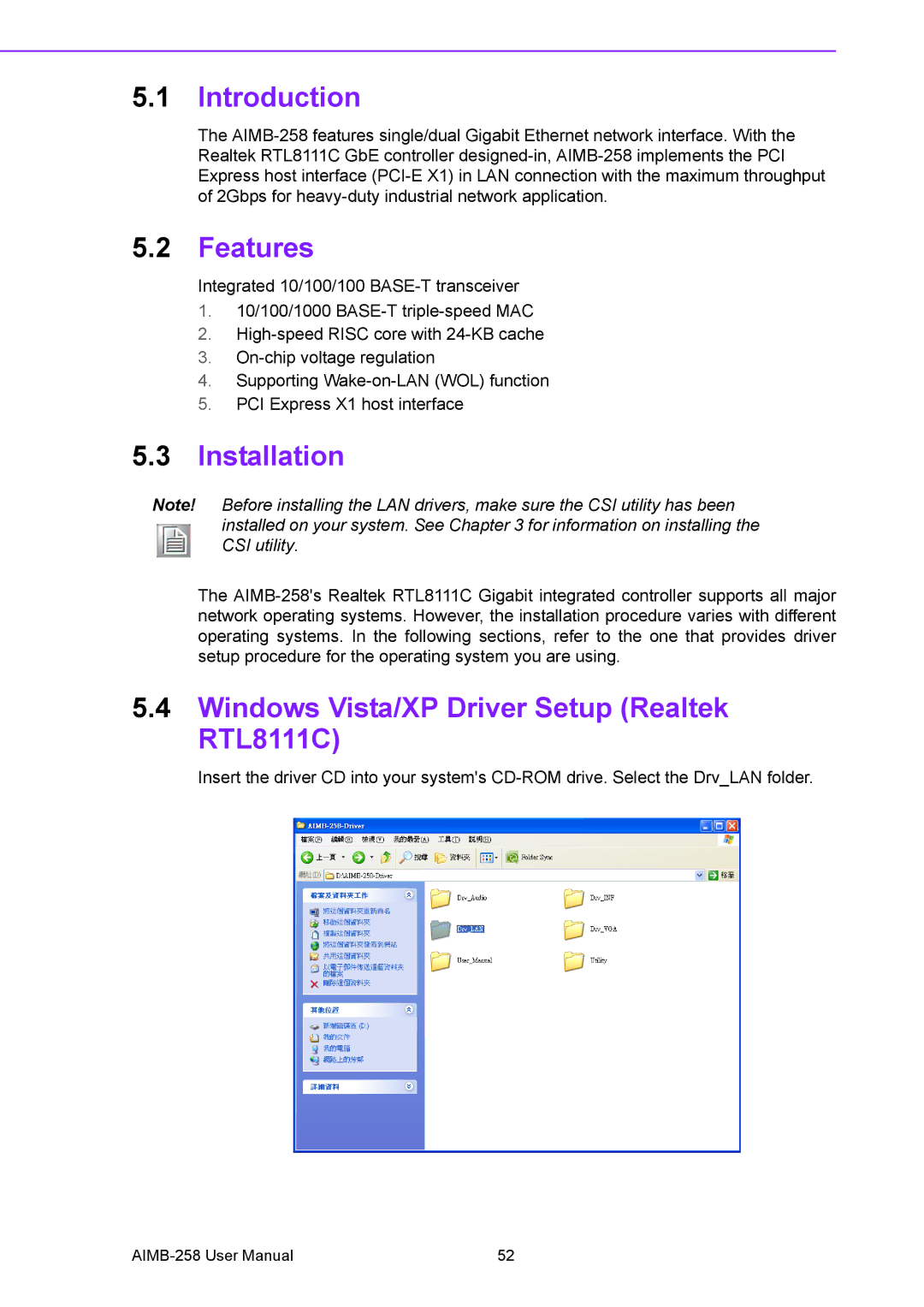 Arkon AIMB-258 user manual Features, Installation, Windows Vista/XP Driver Setup Realtek RTL8111C 