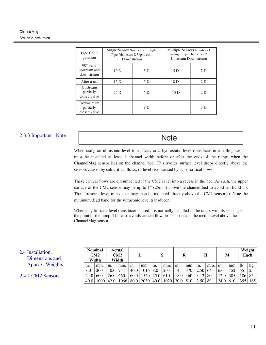 Arkon Channelmag instruction manual Important Note, Installation, Dimensions and Approx. Weights 1 CM2 Sensors 