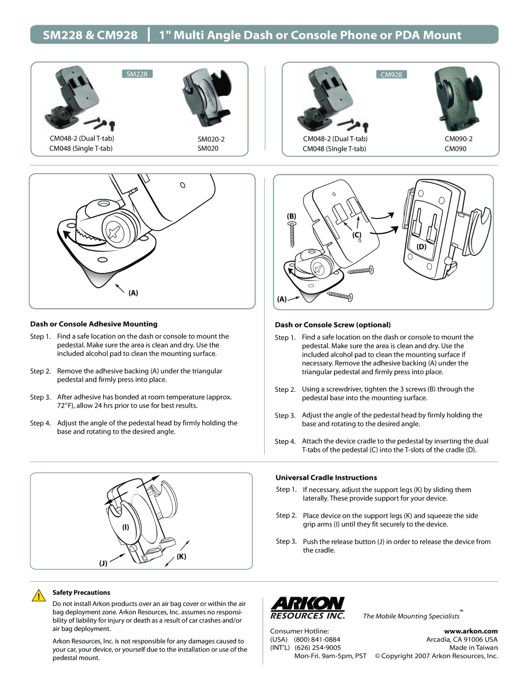 Arkon SM228, CM928 manual Dash or Console Adhesive Mounting, Dash or Console Screw optional, Universal Cradle Instructions 