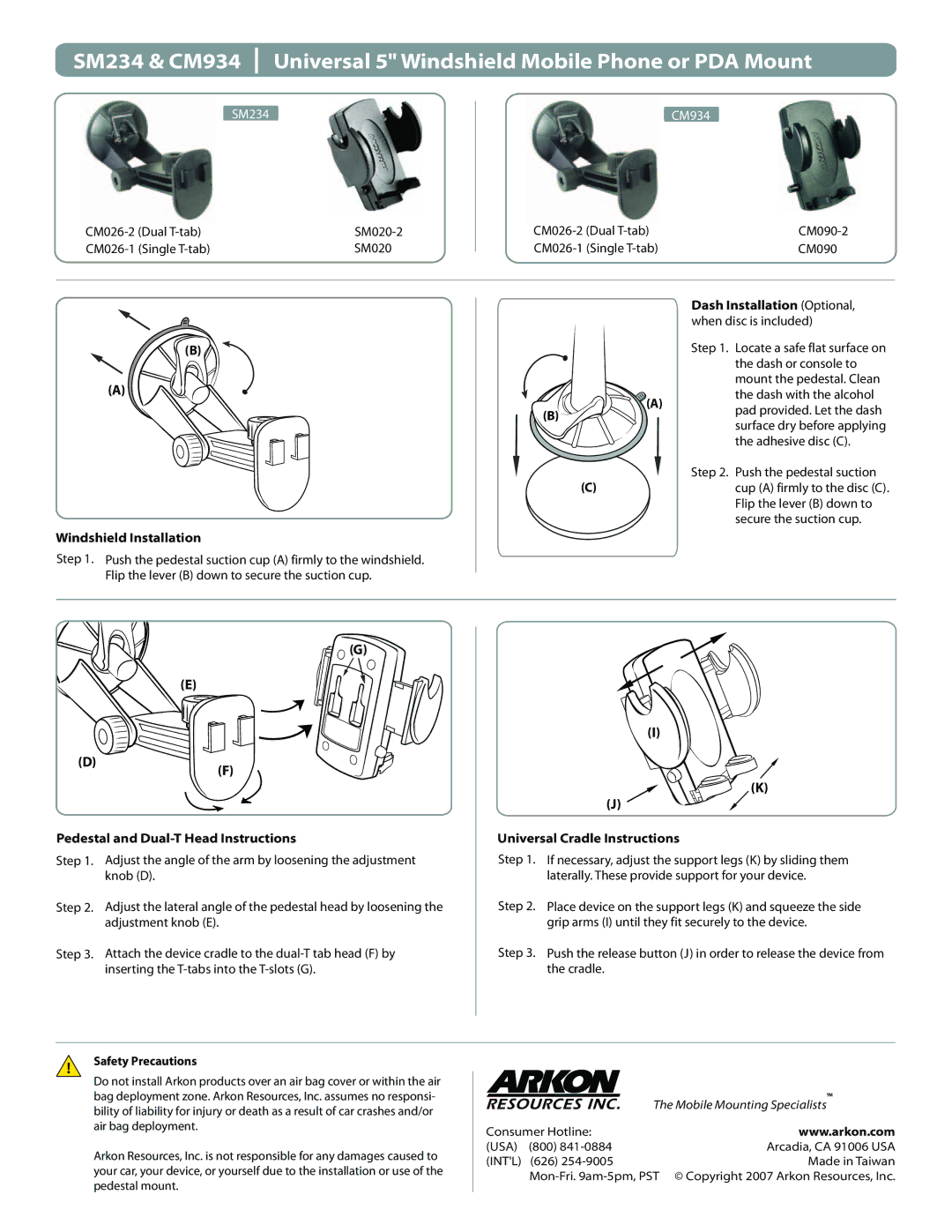 Arkon SM234, CM934 manual Windshield Installation, Dash Installation Optional, Pedestal and Dual-T Head Instructions 