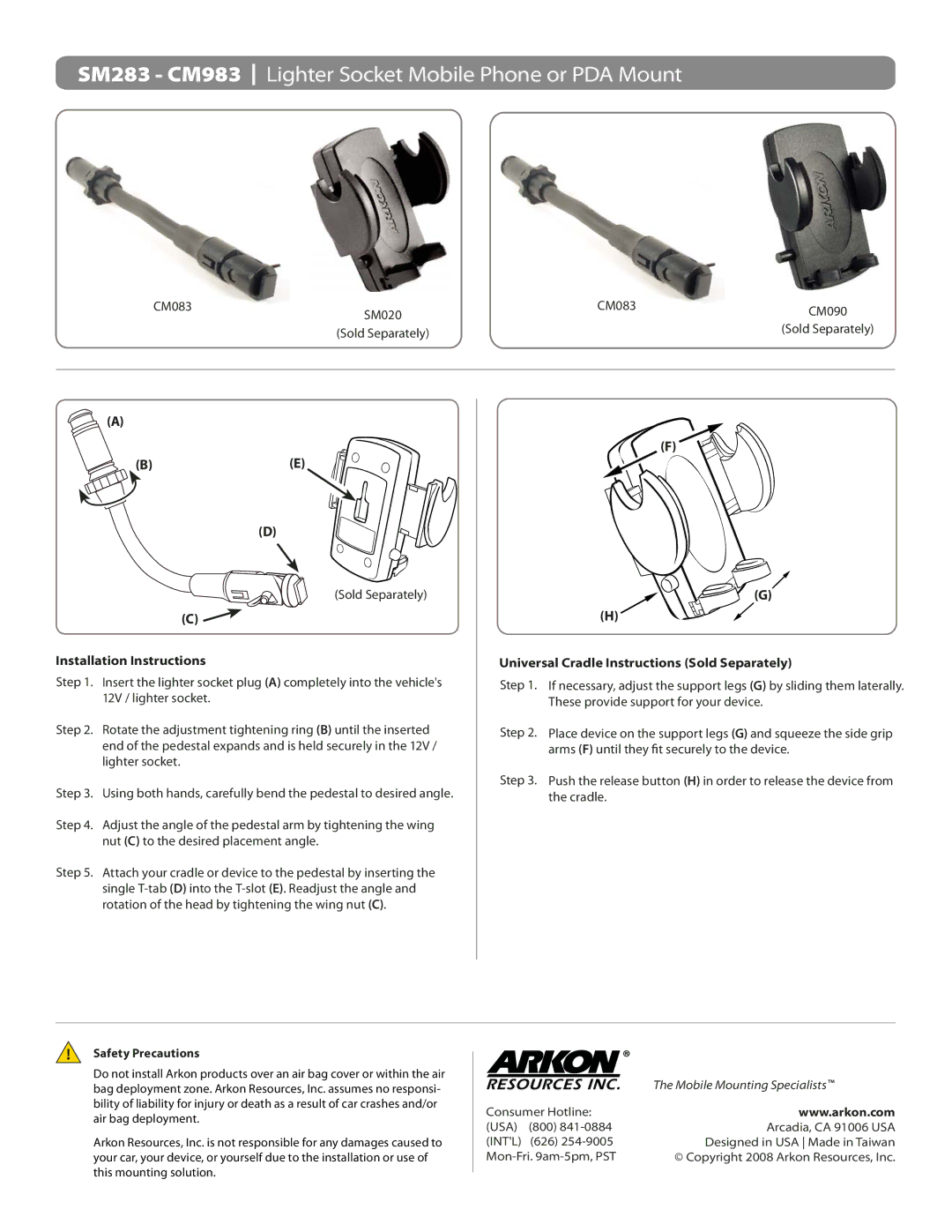 Arkon installation instructions SM283 CM983 Lighter Socket Mobile Phone or PDA Mount, Installation Instructions 