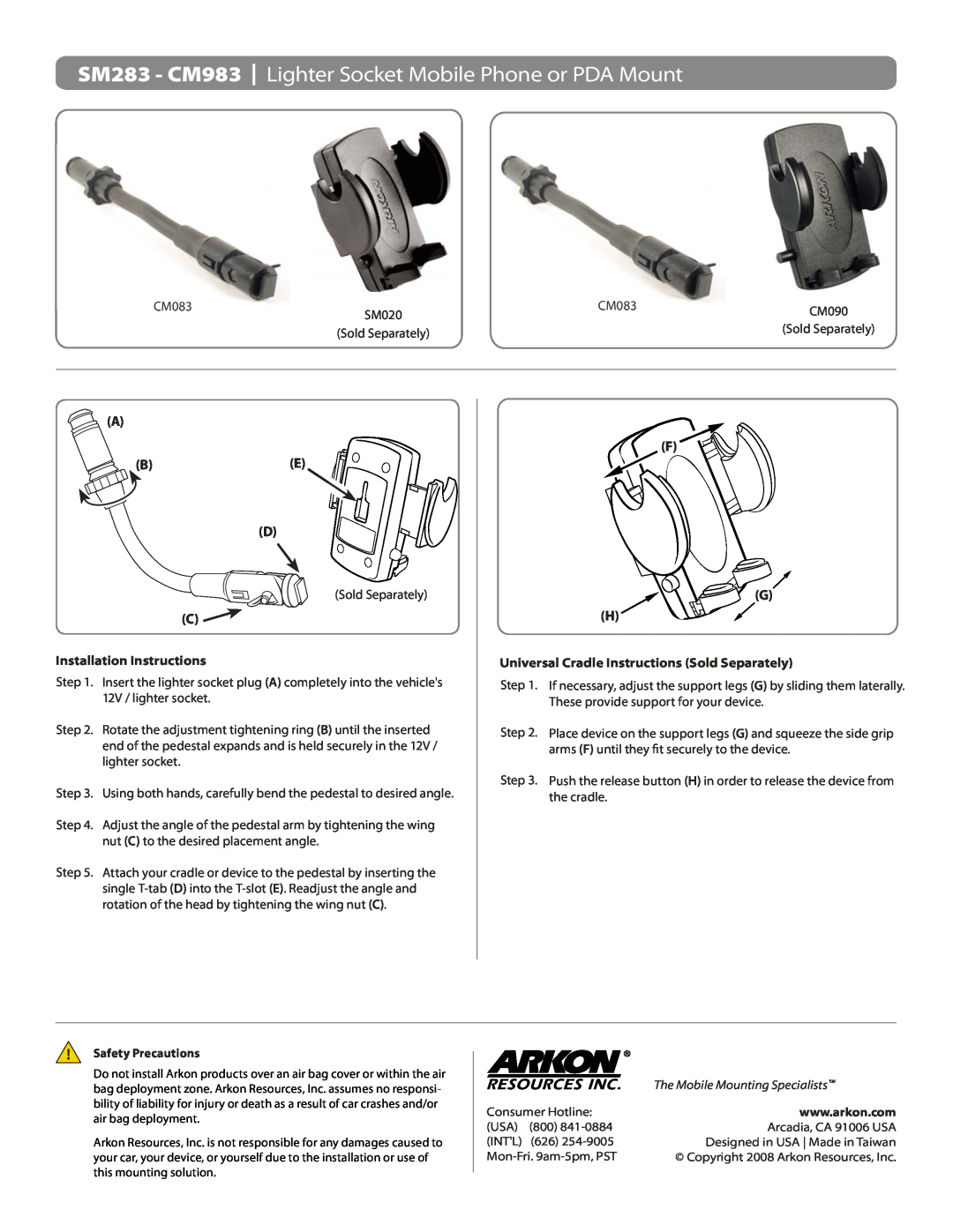 Arkon SM283, CM983 installation instructions A Be D, F G H, Installation Instructions, Safety Precautions 