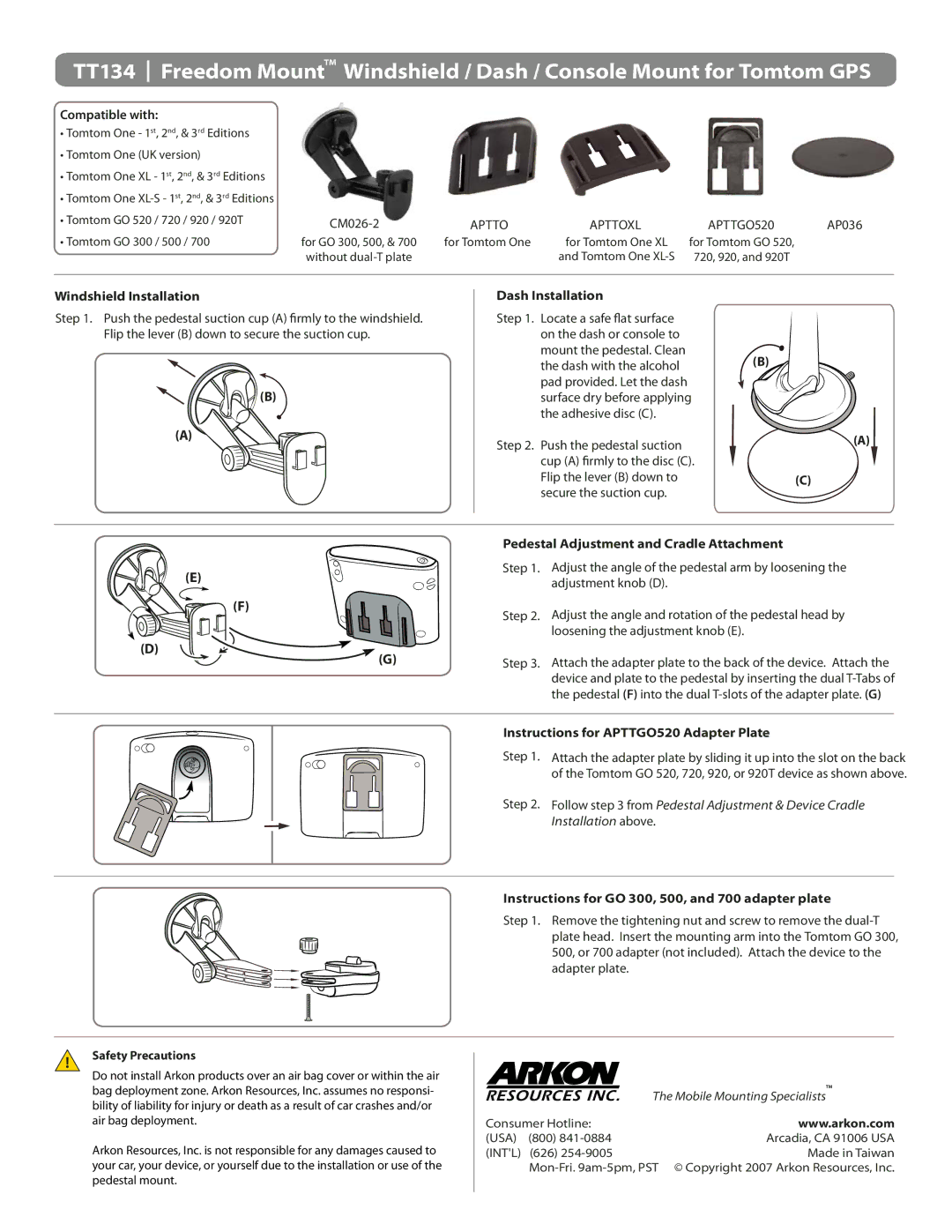 Arkon Freedom Mount Windshield/Dash/Console Mount for Tomtom GPS, TT134 manual Compatible with, Windshield Installation 