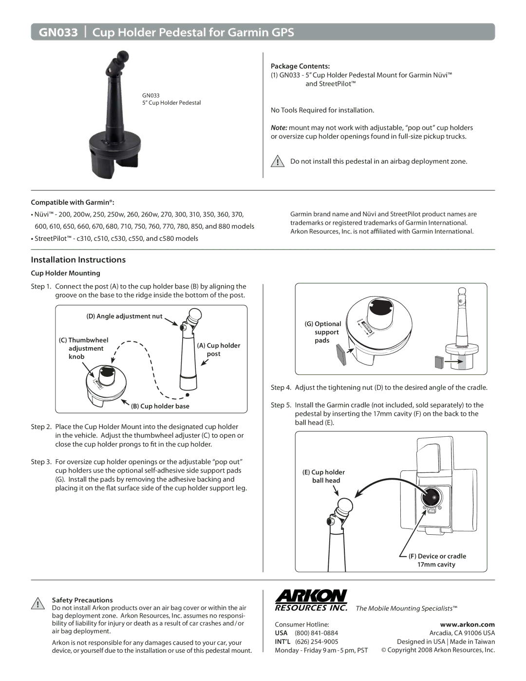 Arkon installation instructions GN033 Cup Holder Pedestal for Garmin GPS, Installation Instructions, Usa, Int’L 