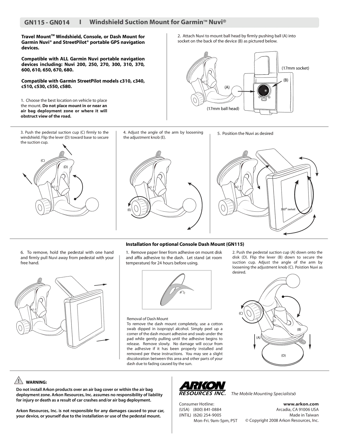 Arkon GN115-GN014 manual GN115 GN014 I Windshield Suction Mount for GarminTM Nuvi, Mobile Mounting Specialistsô 