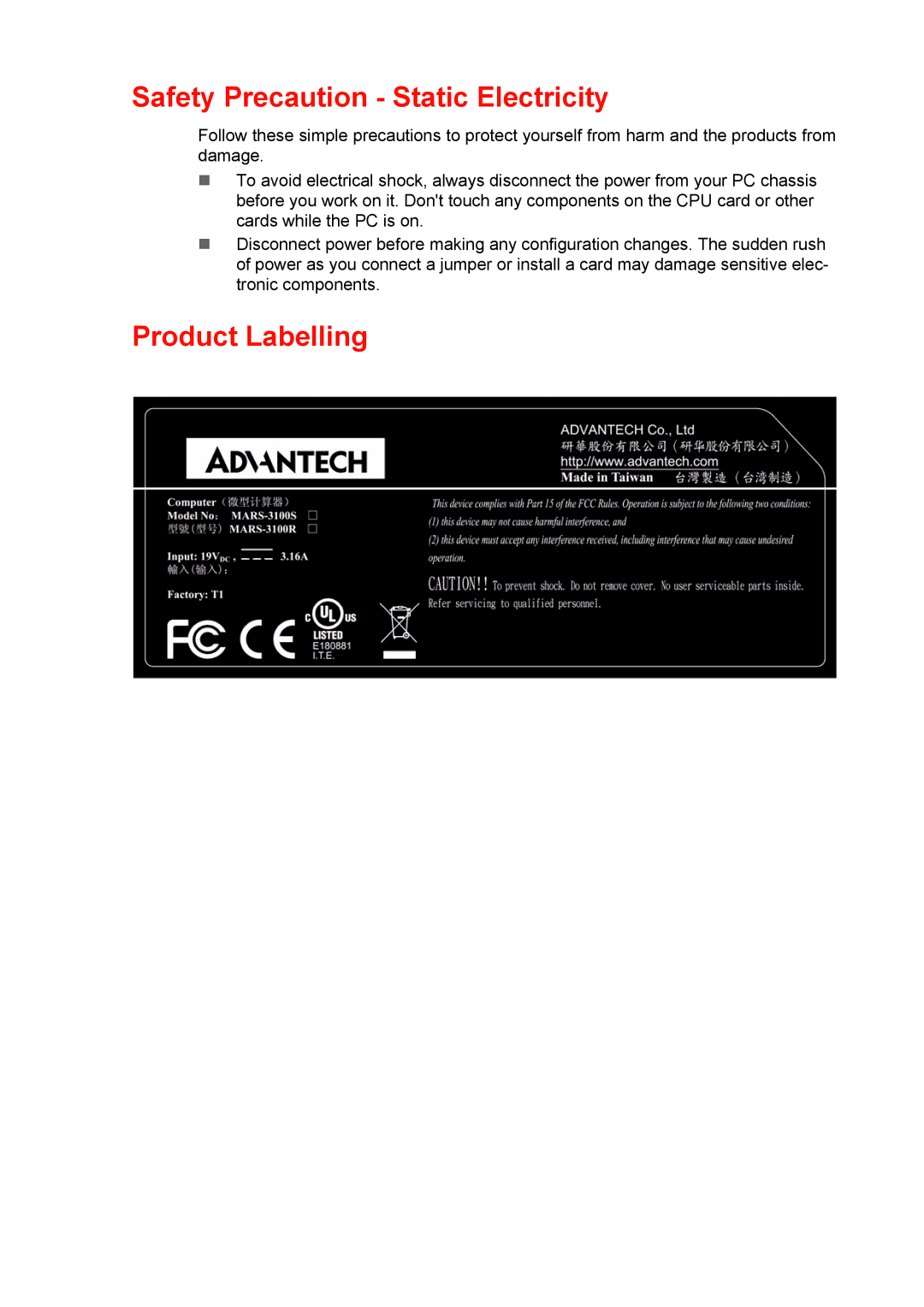 Arkon MARS-3100R/S user manual Safety Precaution Static Electricity, Product Labelling 