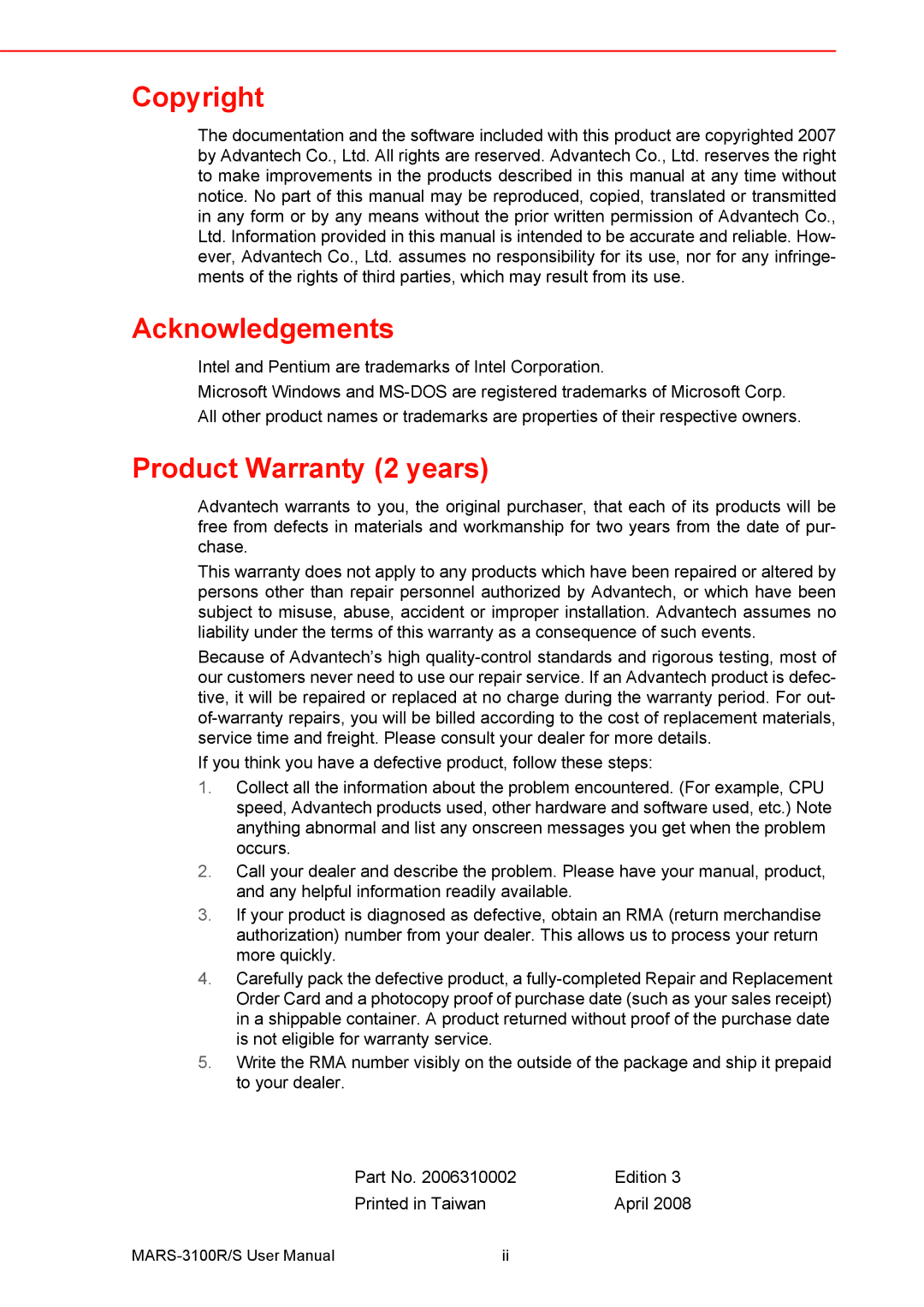 Arkon MARS-3100R/S user manual Copyright Acknowledgements, Product Warranty 2 years 