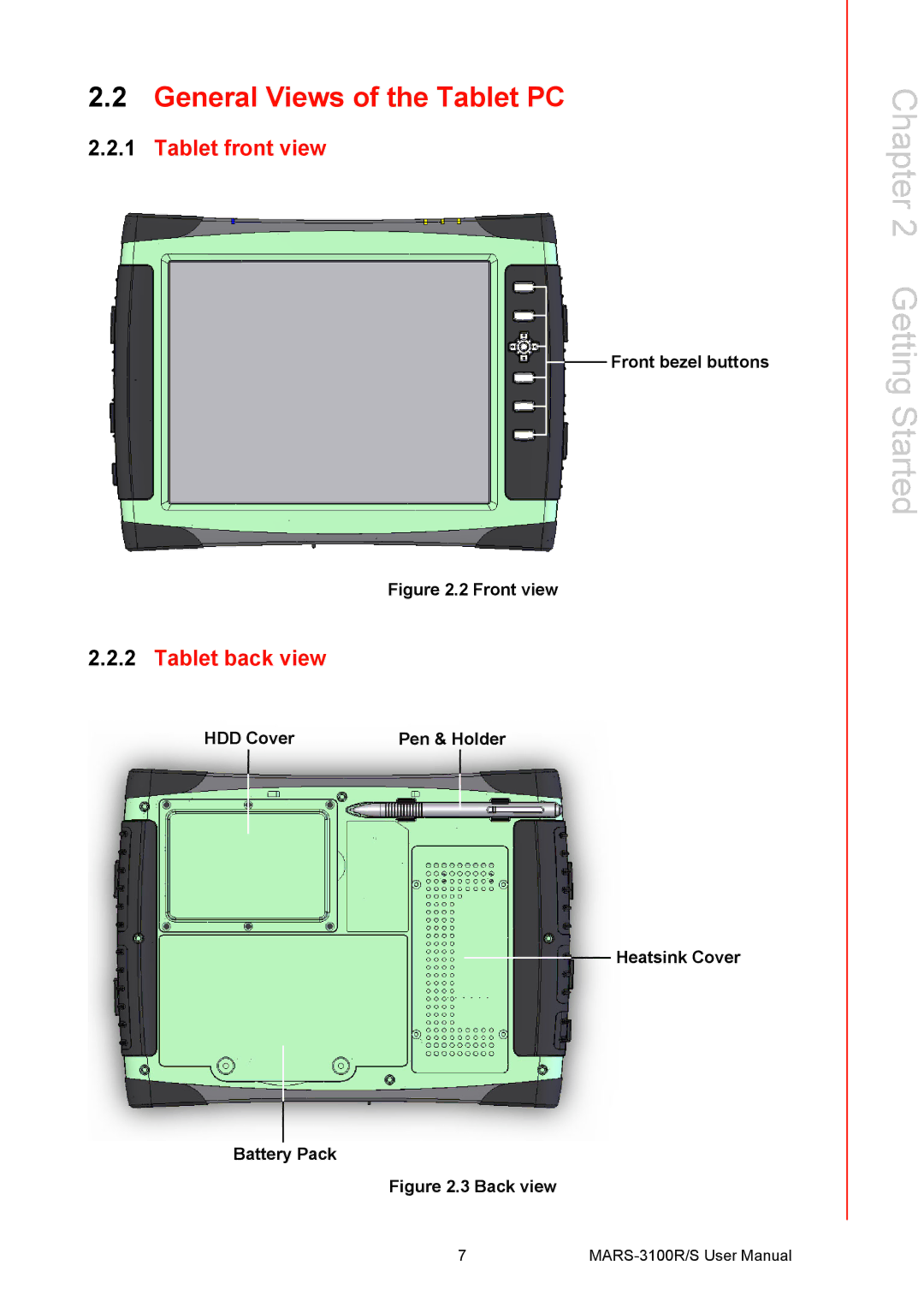 Arkon MARS-3100R/S user manual General Views of the Tablet PC, Tablet front view, Tablet back view 