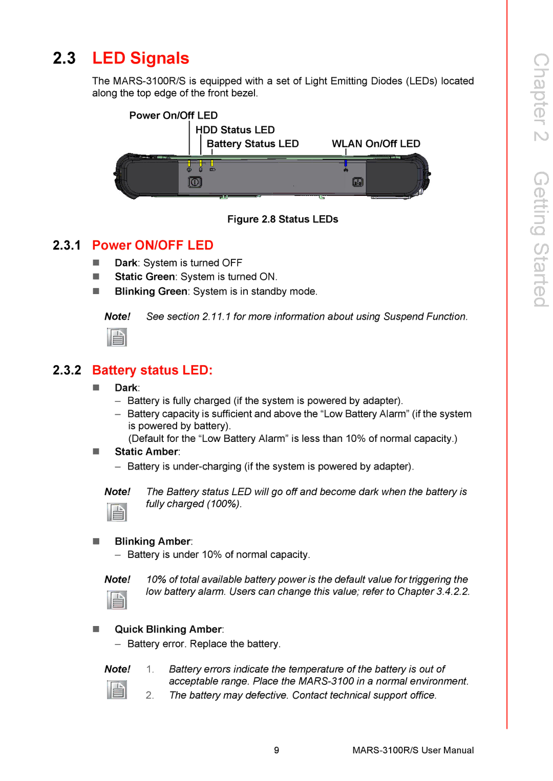 Arkon MARS-3100R/S user manual LED Signals, Power ON/OFF LED, Battery status LED 