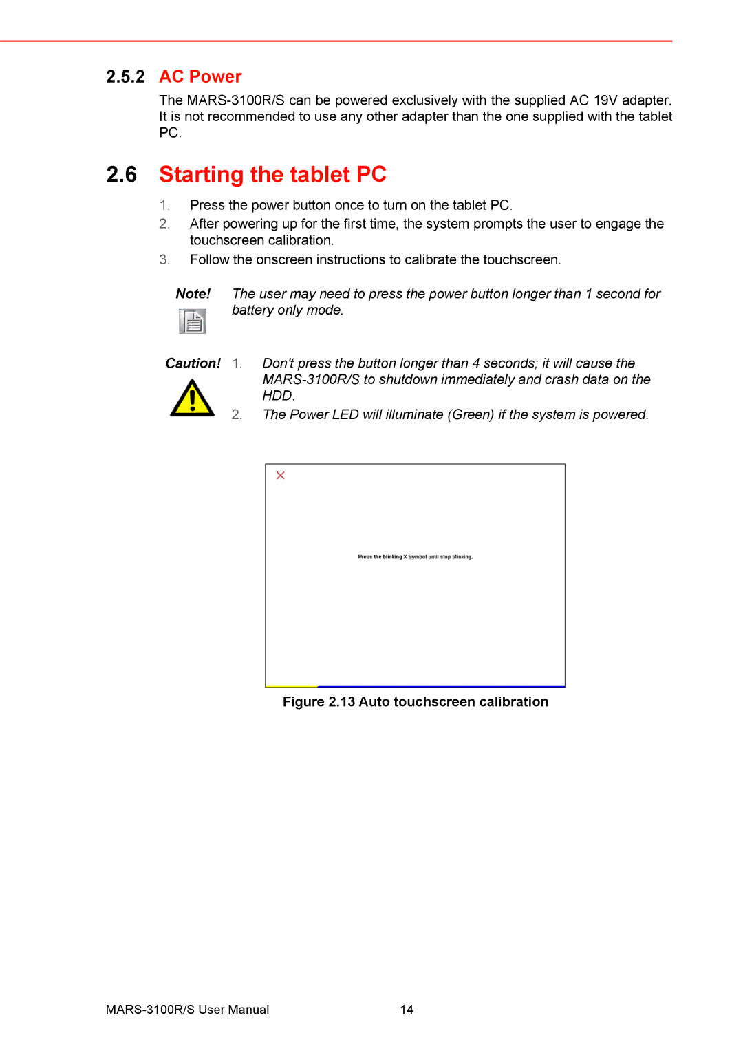 Arkon MARS-3100R/S user manual Starting the tablet PC, AC Power 